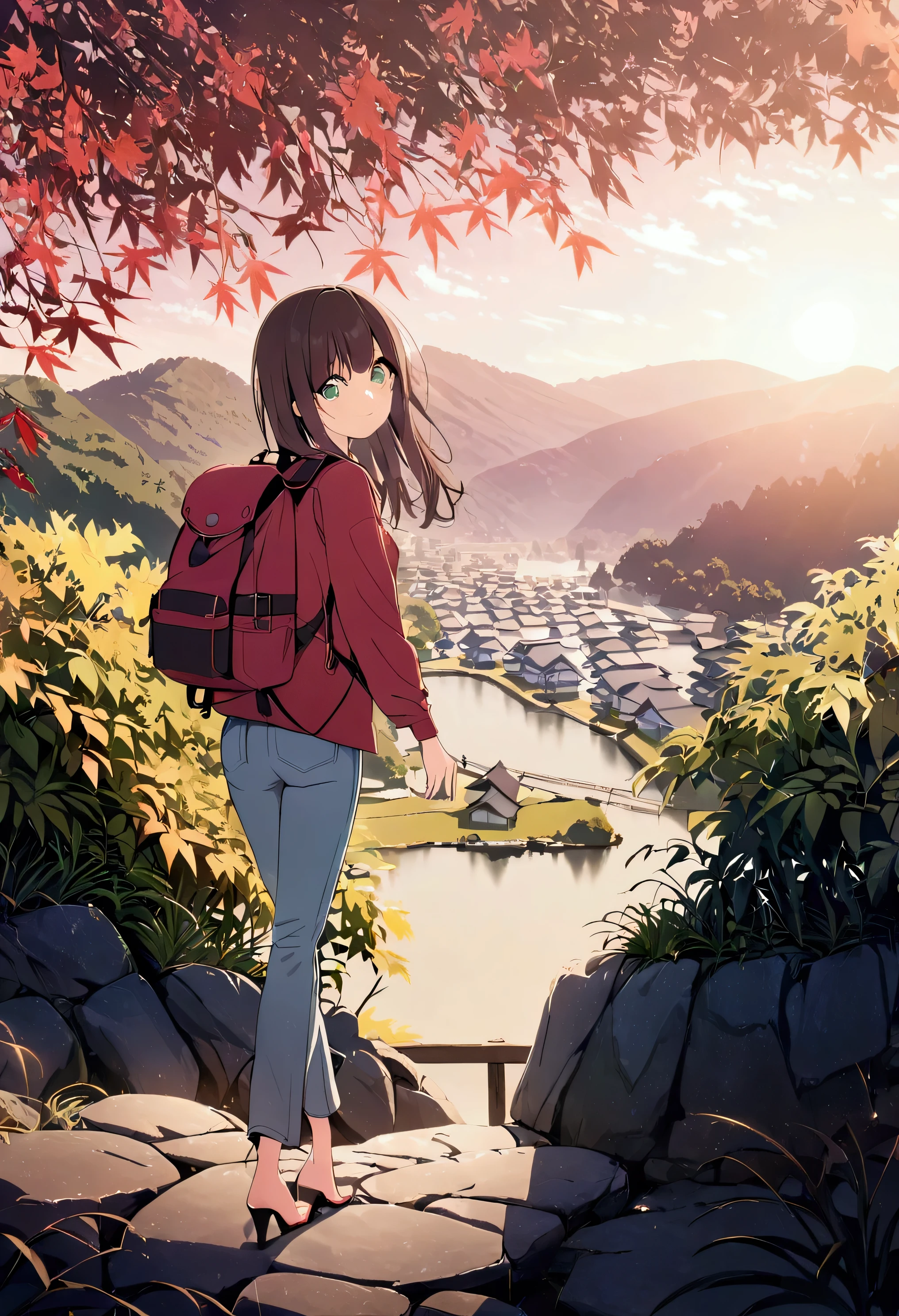 Best Quality、8k、masterpiece:1.3、 Japanese anime style、Human Girl、1 person、1 person、Petite、 glamorous body 、curve、cute、smile、 beautiful long maple brown hair、 beautiful emerald green eyes 、Red long sleeve T-shirt、 denim pants 、 barefoot in pink high heels 、 walking with a rucksack 、The background is a Japanese landscape 、 I can see a Japanese castle nearby 、