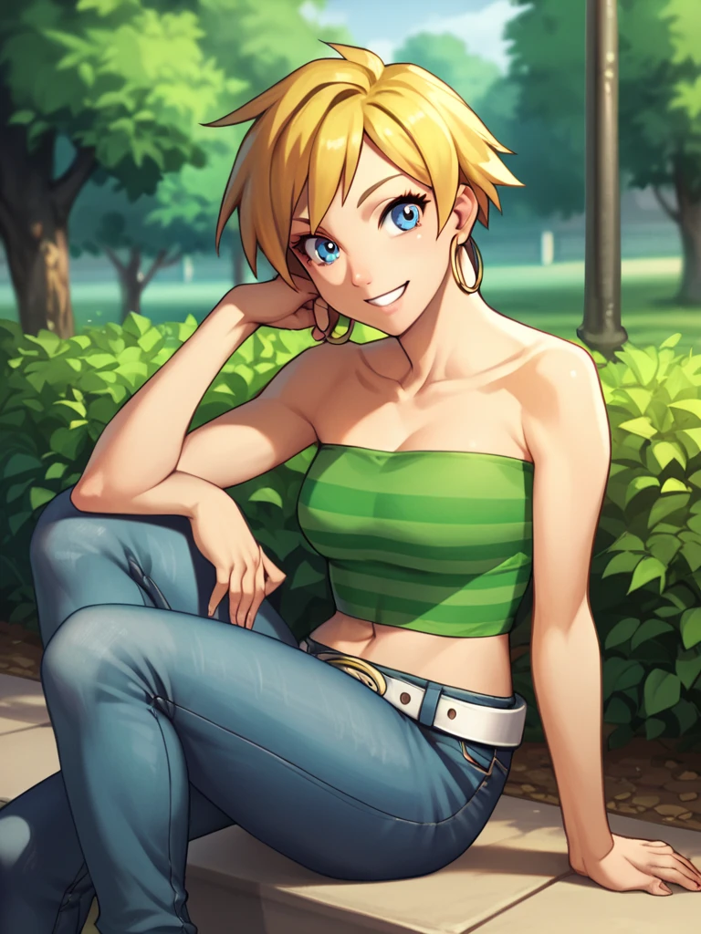 core_9, score_8_up, score_7_up, score_6_up, score_5_up, score_4_up, erasa, short hair, blonde hair, blue eyes, hoop earrings, green tube top, striped tube top, white belt, jeans, park background, smile, looking at viewers