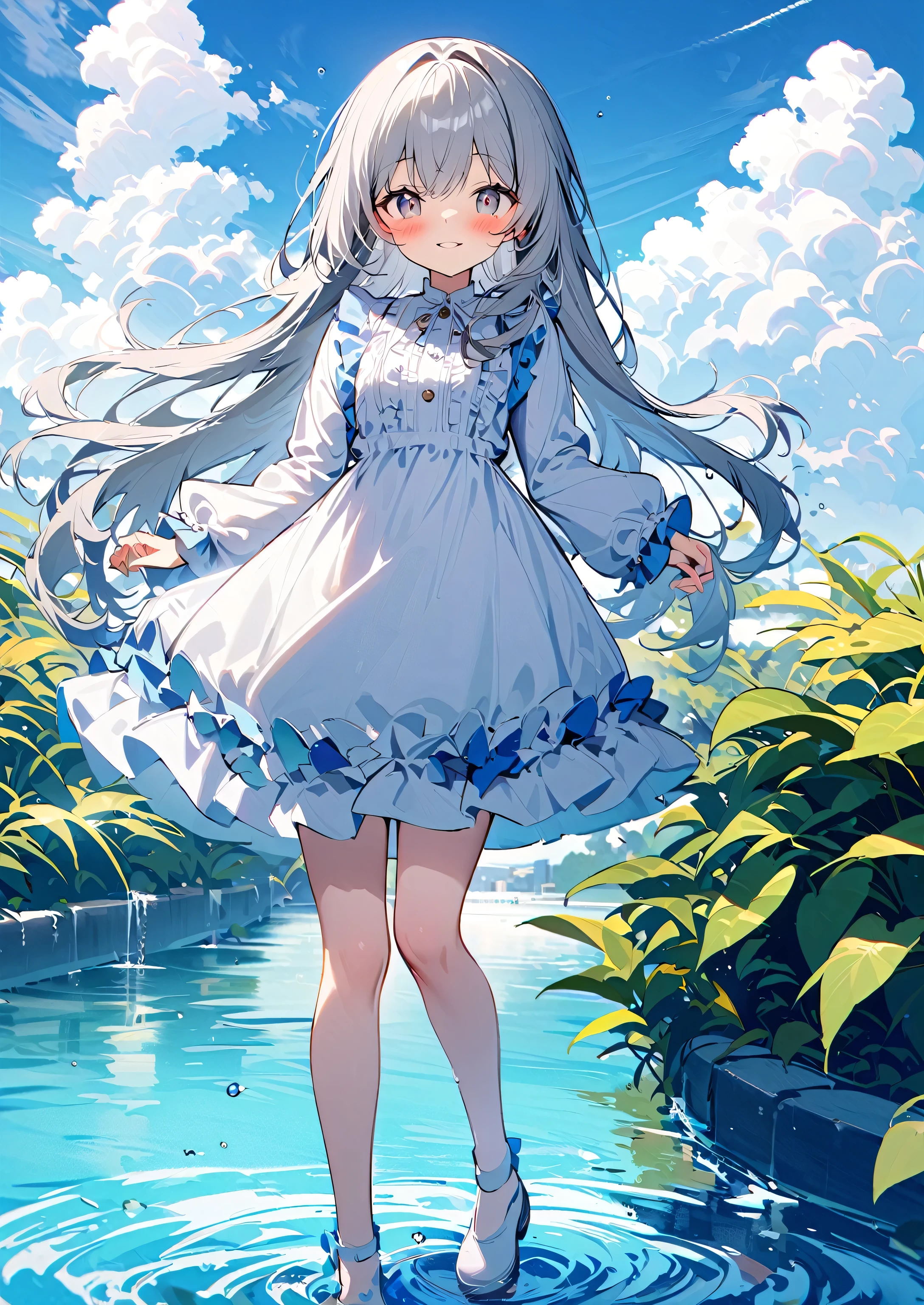 1girl,gray eyes,white  long hair,, blue sky, blush, cloud, cloudy sky, day, dress, frilled dress, frills, full body, long hair, long sleeves, looking at viewer, outdoors, parted lips, plant,, sky, smile, solo, standing, water, white dress