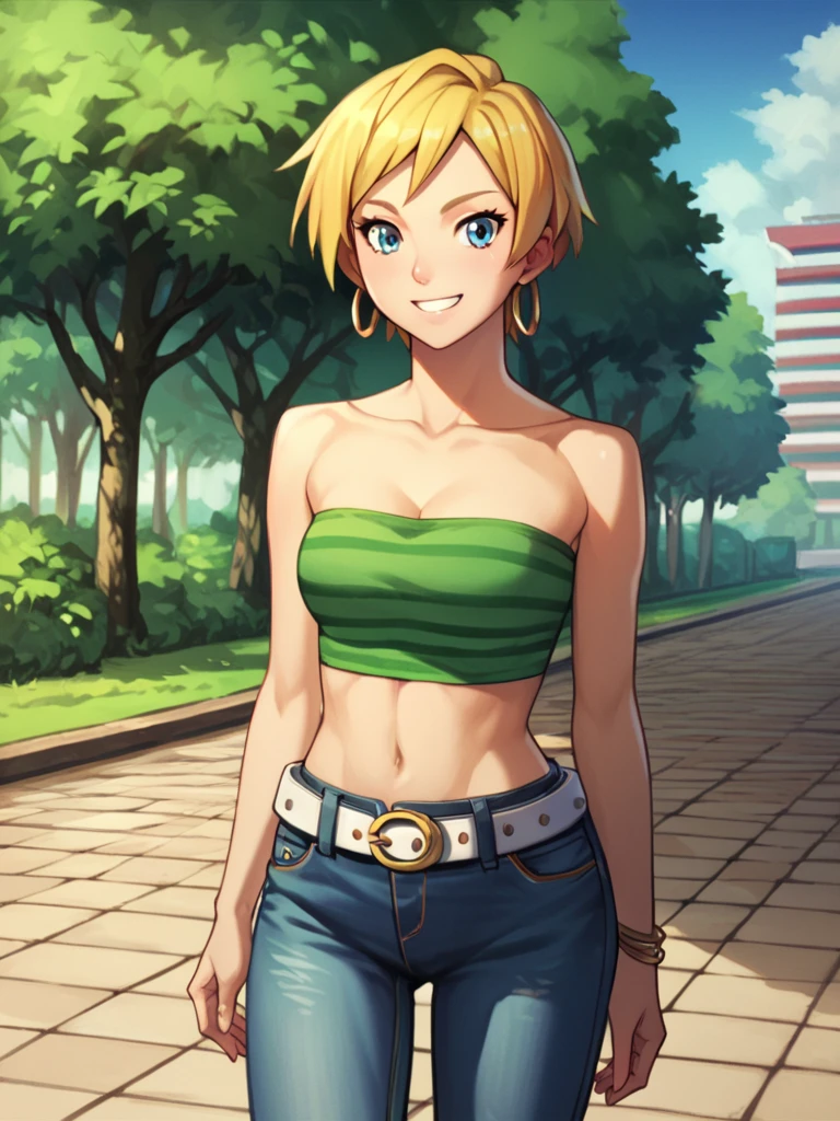 core_9, score_8_up, score_7_up, score_6_up, score_5_up, score_4_up, erasa, short hair, blonde hair, blue eyes, hoop earrings, green tube top, striped tube top, white belt, jeans, park background, smile, looking at viewers