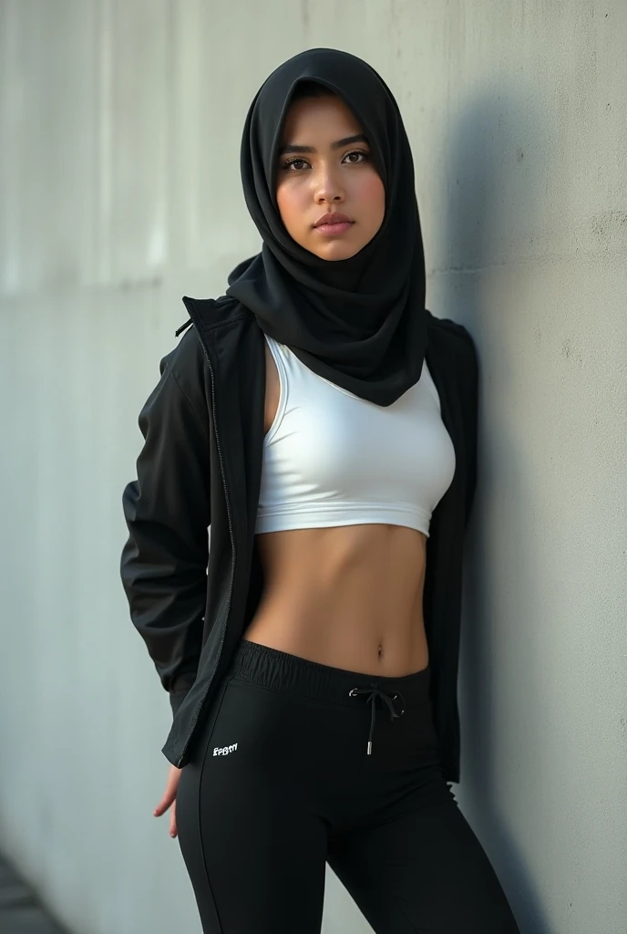 RAW, realistic graphics, realistic textures, Best quality, high resolution, (((Masterpiece))), High-definition, ultra-detailed, ultra-realistic rendering, ultra-hd, realistic body proportions, 1 girl, cute face, short stature, chubby body, curvy hips, fat ass, black hijab, white long sleeve sport tshirt, black sport pants, tied black tshirt around waist, full body view, hand on ass, in gym, detailed gym, nervous facial expressions,