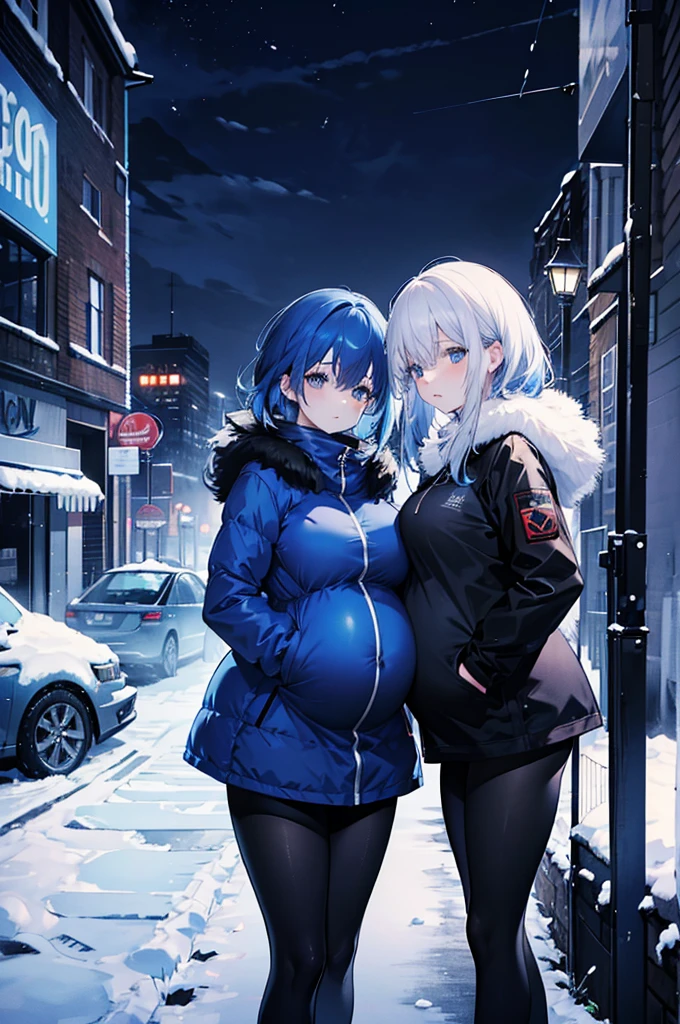 4K,high resolution, two woman, blue hair, medium hair, blue eyes, breasts, pregnant, night, snowy scene, dark coat, blue jacket, black leggings, looking at viewer