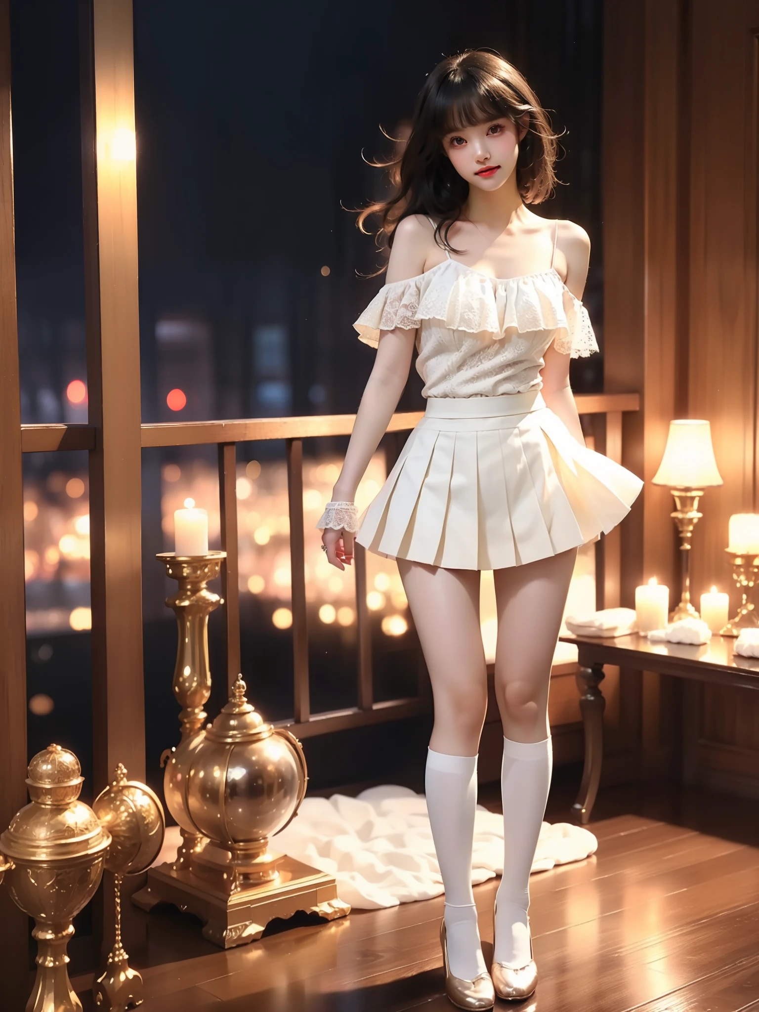  ,((full body)), ((single bare shoulder)),  (Asian beauty: 1.3), girl, solo, (Lacy over-the-knee socks), ((Pleated skirts, short skirts, , very short hemline)), (toned body: 1.2), (naturally large breasts: 1.1), (visible cleavage: 0.8), (smooth flawless skin: 1.2), (perfect anatomical proportions: 1.3), (anatomically correct legs: 1.3), (elegantly long legs: 1.3), 1.1) Hands gently lift the skirt, (detailed features: 1.2), (big bright eyes: 1.1), (long eyelashes: 1.1), charming smile, gentle and confident expression, Head slightly tilted, long flowing hair, (night scene: 1.1), (starry sky: 1.0), (space background: 0.9), (professional soft light: 1.2), (warm tone: 1.1), (Masterpiece: 1.4), (Super Detail: 1.3), (Sharp focus: 1.2), (Realistic: 1.2), (Hi-Fi: 1.1)