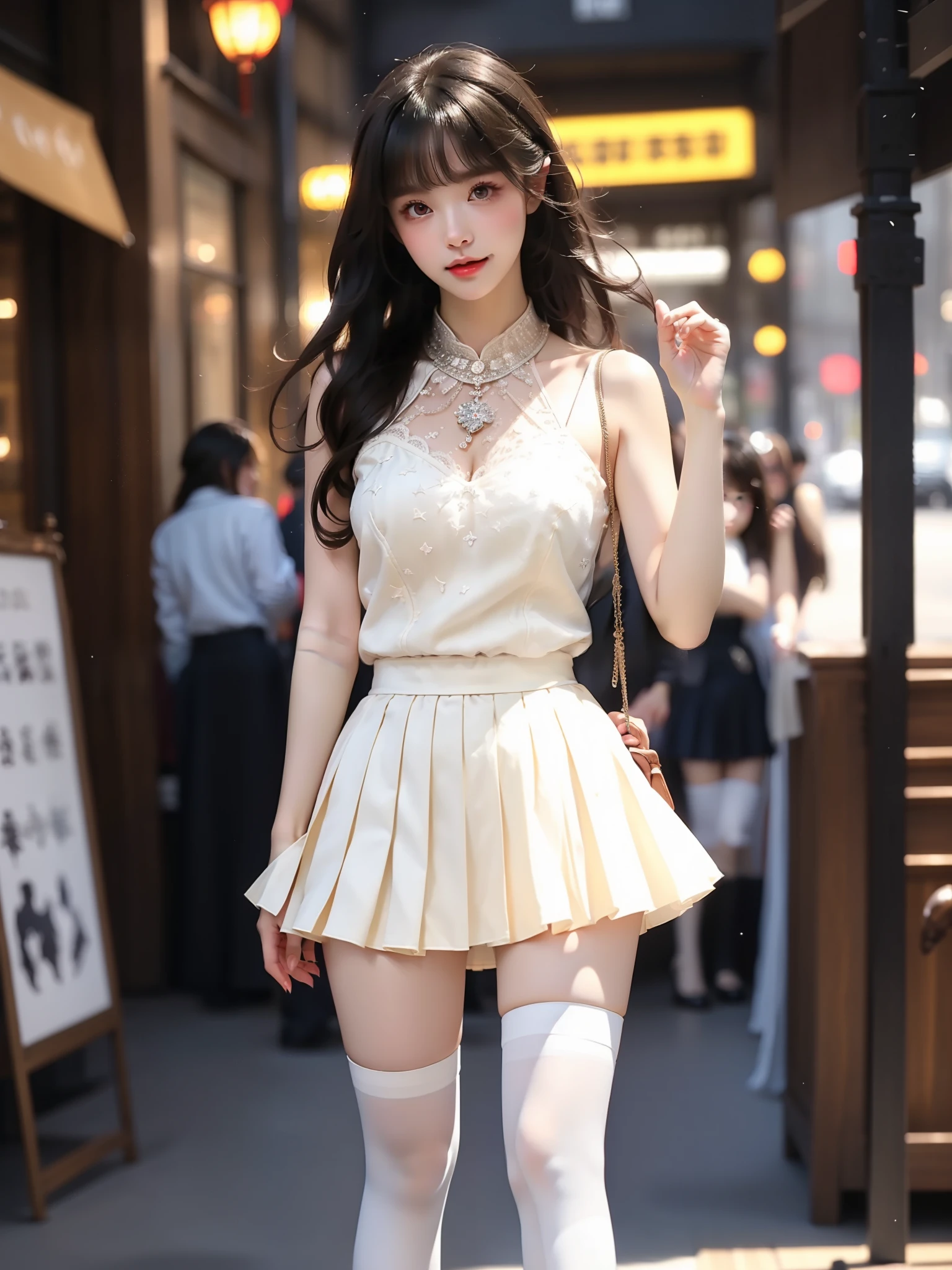  ,((full body)),  (Asian beauty: 1.3), girl, solo, (Lacy over-the-knee socks), ((Pleated skirts, short skirts, , very short hemline)), (toned body: 1.2), (naturally large breasts: 1.1), (visible cleavage: 0.8), (smooth flawless skin: 1.2), (perfect anatomical proportions: 1.3), (anatomically correct legs: 1.3), (elegantly long legs: 1.3), 1.1) Hands gently lift the skirt, (detailed features: 1.2), (big bright eyes: 1.1), (long eyelashes: 1.1), charming smile, gentle and confident expression, Head slightly tilted, long flowing hair, (night scene: 1.1), (starry sky: 1.0), (space background: 0.9), (professional soft light: 1.2), (warm tone: 1.1), (Masterpiece: 1.4), (Super Detail: 1.3), (Sharp focus: 1.2), (Realistic: 1.2), (Hi-Fi: 1.1)