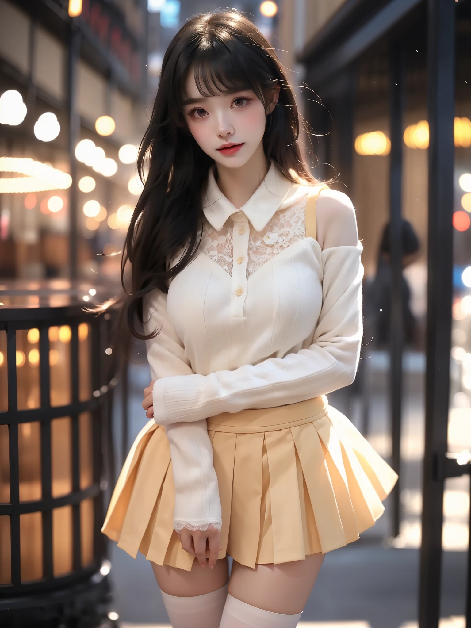  ,((full body)),  (Asian beauty: 1.3), girl, solo, (Lacy over-the-knee socks), ((Pleated skirts, short skirts, , very short hemline)), (toned body: 1.2), (naturally large breasts: 1.1), (visible cleavage: 0.8), (smooth flawless skin: 1.2), (perfect anatomical proportions: 1.3), (anatomically correct legs: 1.3), (elegantly long legs: 1.3), 1.1) Hands gently lift the skirt, (detailed features: 1.2), (big bright eyes: 1.1), (long eyelashes: 1.1), charming smile, gentle and confident expression, Head slightly tilted, long flowing hair, (night scene: 1.1), (starry sky: 1.0), (space background: 0.9), (professional soft light: 1.2), (warm tone: 1.1), (Masterpiece: 1.4), (Super Detail: 1.3), (Sharp focus: 1.2), (Realistic: 1.2), (Hi-Fi: 1.1)