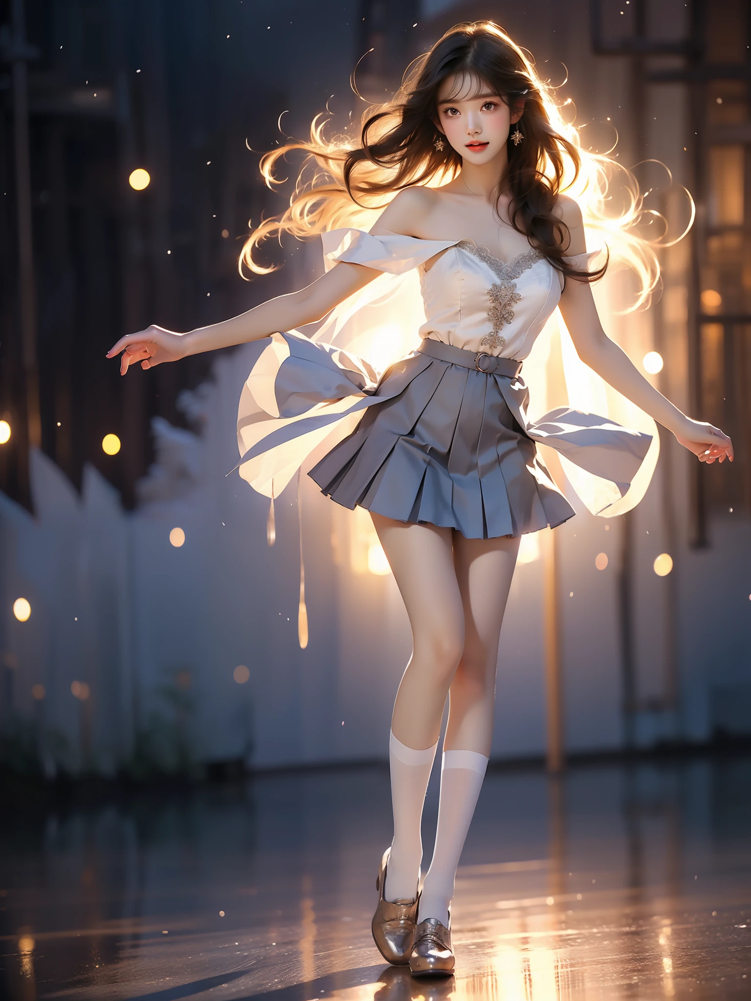 yuigaoka school uniform
school uniform ,((full body)), ((single bare shoulder)),  (Asian beauty: 1.3), girl, solo, (Lacy over-the-knee socks), ((Pleated skirts, short skirts, , very short hemline)), (toned body: 1.2), (naturally large breasts: 1.1), (visible cleavage: 0.8), (smooth flawless skin: 1.2), (perfect anatomical proportions: 1.3), (anatomically correct legs: 1.3), (elegantly long legs: 1.3), 1.1) Hands gently lift the skirt, (detailed features: 1.2), (big bright eyes: 1.1), (long eyelashes: 1.1), charming smile, gentle and confident expression, Head slightly tilted, long flowing hair, (night scene: 1.1), (starry sky: 1.0), (space background: 0.9), (professional soft light: 1.2), (warm tone: 1.1), (Masterpiece: 1.4), (Super Detail: 1.3), (Sharp focus: 1.2), (Realistic: 1.2), (Hi-Fi: 1.1)