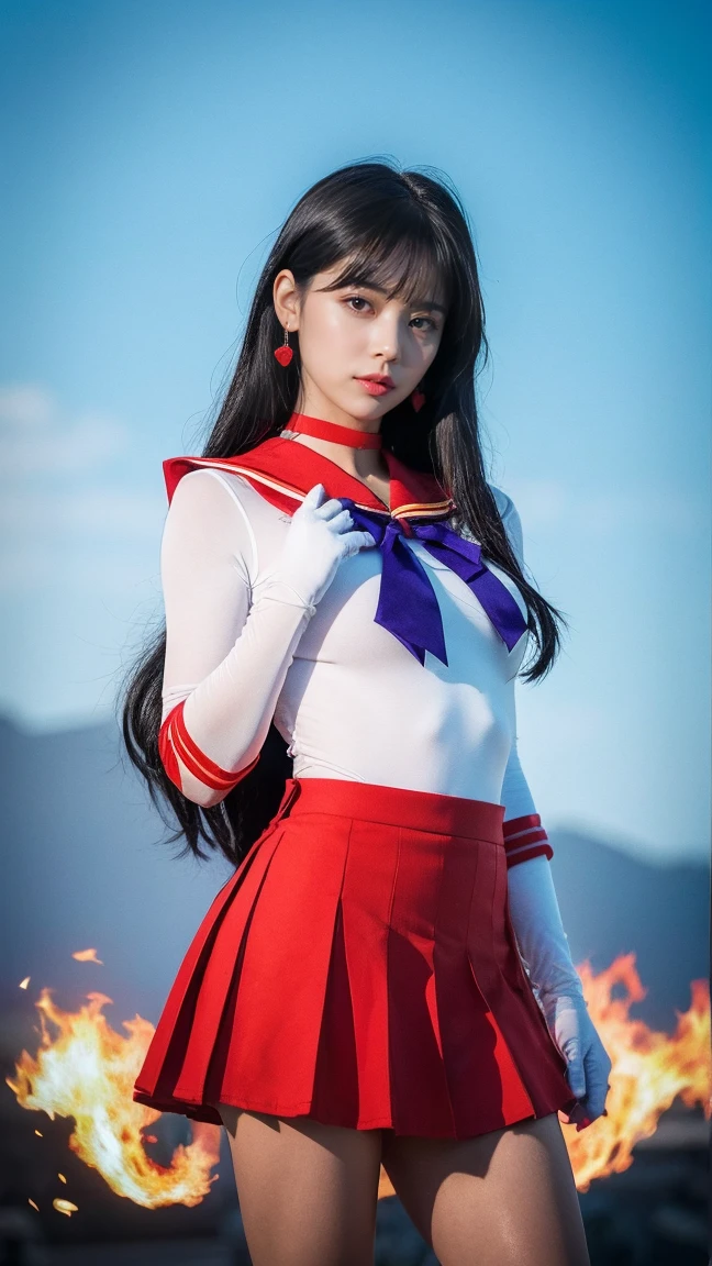 One girl,Long Hair,（Put your arms behind your back）Large Breasts、Narrow waist、Wide Hips (high quality,8k,Black Hair, Realistic, 最high quality,masterpiece,Super detailed, Absurd)1.5,((SAMA1, tiara, Sailor Warrior Uniform, White gloves, Red sailor collar, Red Skirt)),Night City,White gloves,Purple ribbon,Purple eyes, (Magical World,fire),High heels,slave、Chain、Hands tied behind back、