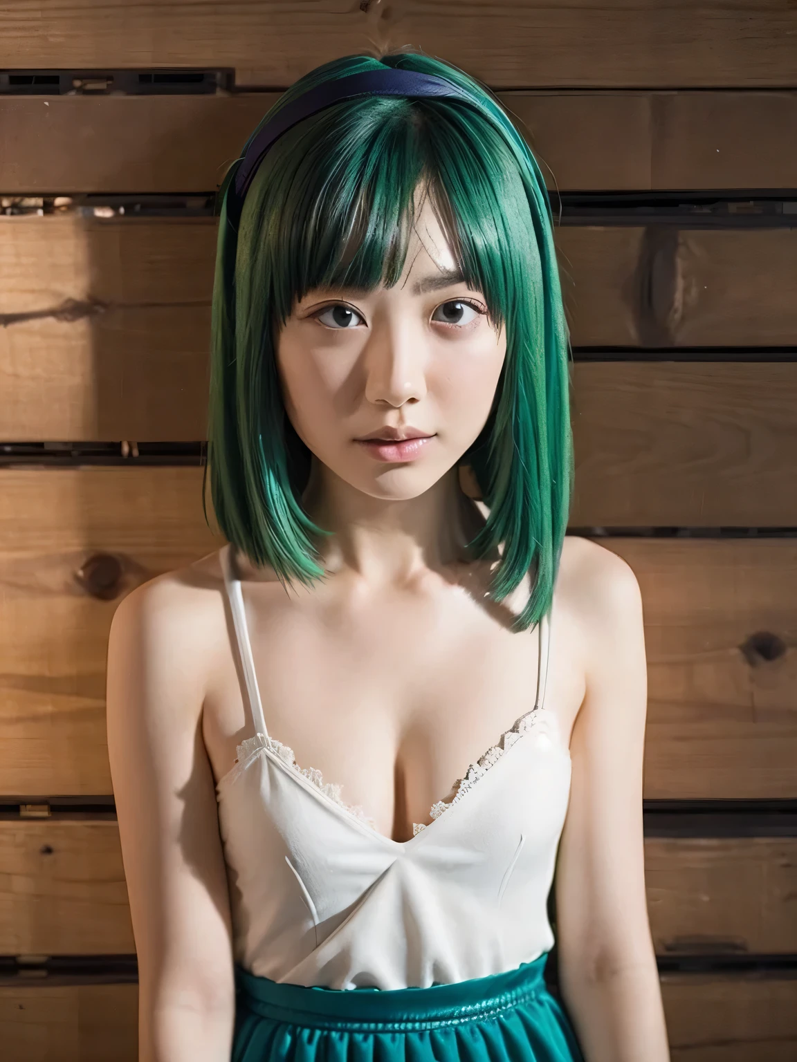 1girl, small breast, yo, (sexy:1.3), cowboy shot, (headband, green hair, upper body),upper body, 1girl, small chest