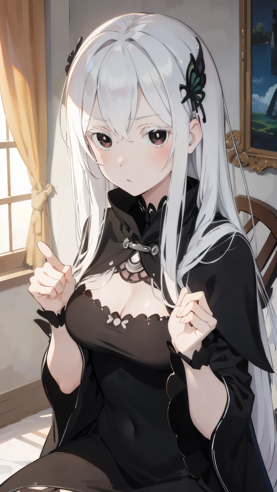 masterpiece,  has the best quality,  high resolution, Best Illustration,  supine illustrations , ( Official Art :0.7), (Anime screenshots:0.8),   detailed beautiful face and eyes ,  Animation keyvisual , ( perfect anatomy :1.1), 8K Portrait, ( detail focus finger :1.2), 
1 Girl, 
echidna \(re:zero\),
Long hair, 
White hair, 
(black eyes:1.2), 
Medium breasts, 
 black dress,  Black Cloak , Long skirt, 
 Viewers , 
Cowboy shooting, blush, 
Natural Light, indoor, (:1.1),  lying on the bed, Show panties,  spread your legs , 