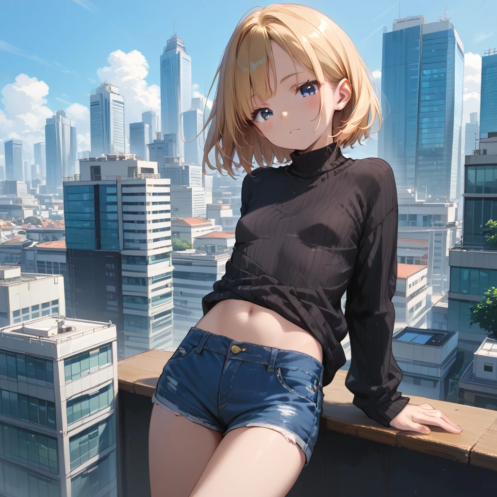 score_9,score_8_up,score_7_up,score_6_up,score_5_up,score_4_up,source_anime、One high school girl、 beautiful blue eyes、(Short blonde:1.1)、(Small breasts:1.5),(black ribbed sweater:1.2),denim shorts,Overlooking the city from the office