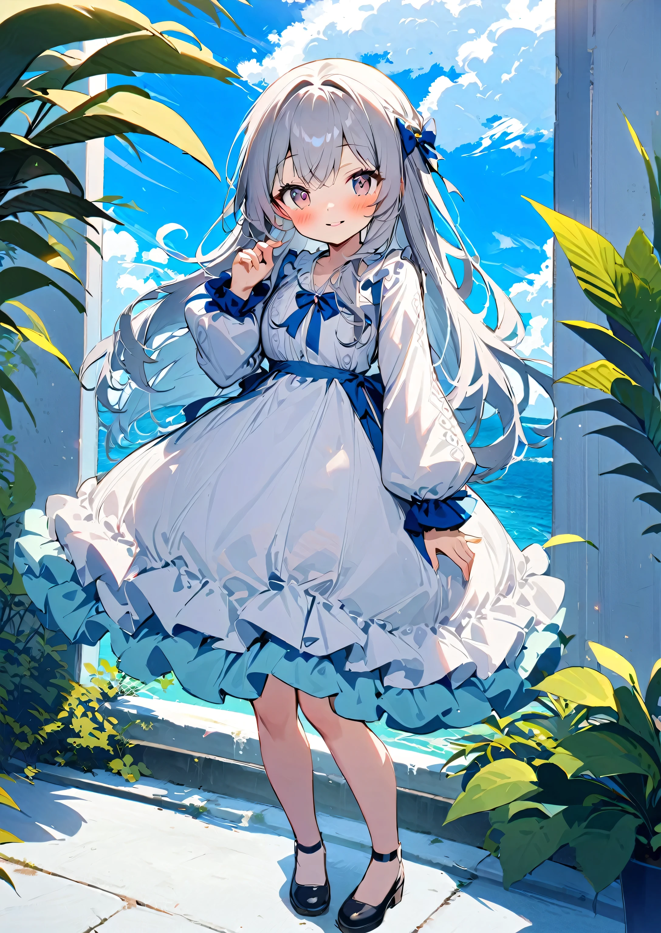 1girl,gray eyes,white  long hair,, blue sky, blush, cloud, cloudy sky, day, dress, frilled dress, frills, full body, long hair, long sleeves, looking at viewer, outdoors, parted lips, plant,, sky, smile, solo, standing, water, white dress