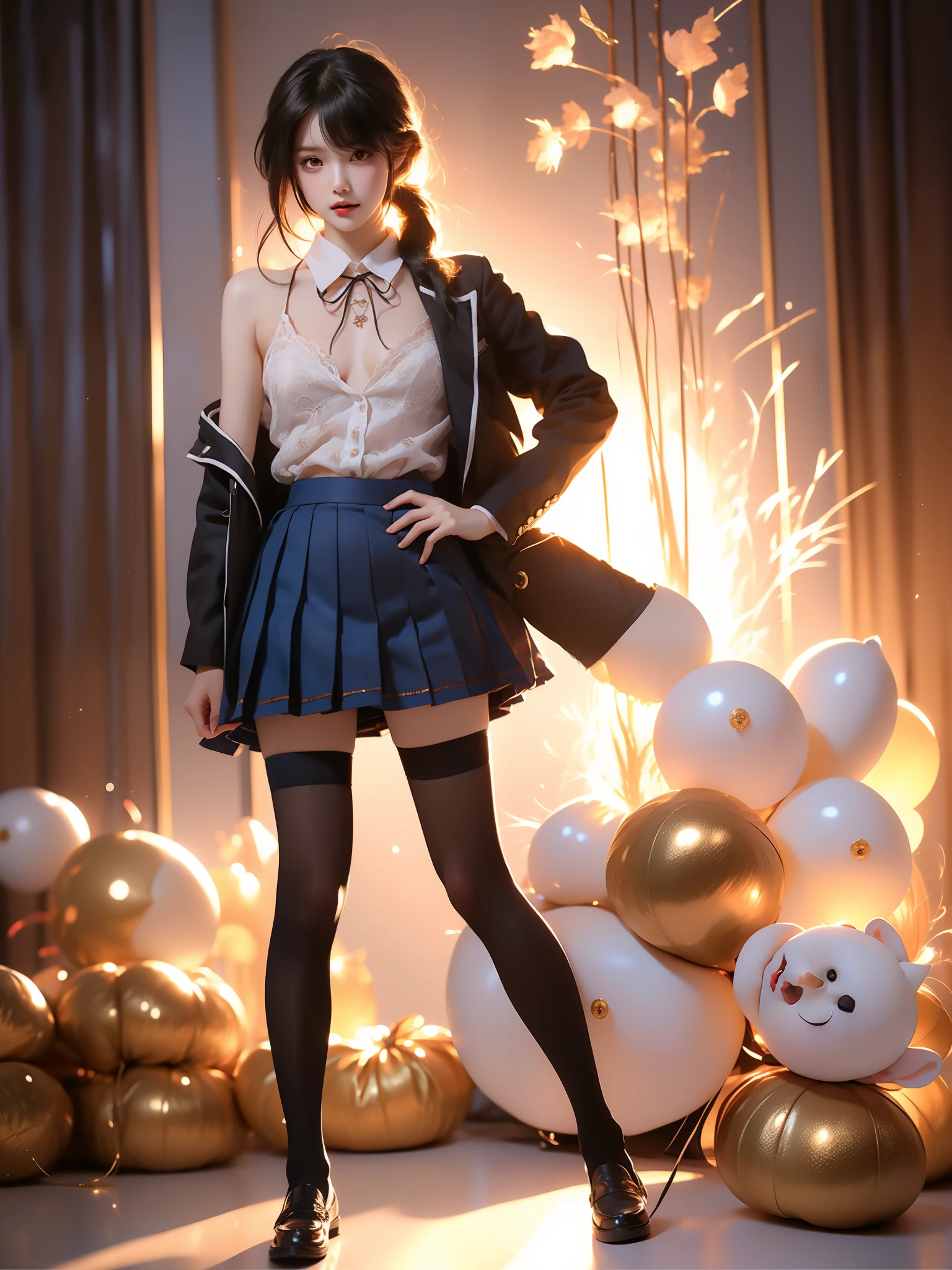 tokisaki kurumi
sobu high school uniform
cosplay,
school uniform, blazer, collared shirt, neck ribbon, pleated skirt, pantyhose, hair rings, loafers,
hair over one eye, low twintails, ,((full body)), ((single bare shoulder)),  (Asian beauty: 1.3), girl, solo, (Lacy over-the-knee socks), ((Pleated skirts, short skirts, , very short hemline)), (toned body: 1.2), (naturally large breasts: 1.1), (visible cleavage: 0.8), (smooth flawless skin: 1.2), (perfect anatomical proportions: 1.3), (anatomically correct legs: 1.3), (elegantly long legs: 1.3), 1.1) Hands gently lift the skirt, (detailed features: 1.2), (big bright eyes: 1.1), (long eyelashes: 1.1), charming smile, gentle and confident expression, Head slightly tilted, long flowing hair, (night scene: 1.1), (starry sky: 1.0), (space background: 0.9), (professional soft light: 1.2), (warm tone: 1.1), (Masterpiece: 1.4), (Super Detail: 1.3), (Sharp focus: 1.2), (Realistic: 1.2), (Hi-Fi: 1.1)