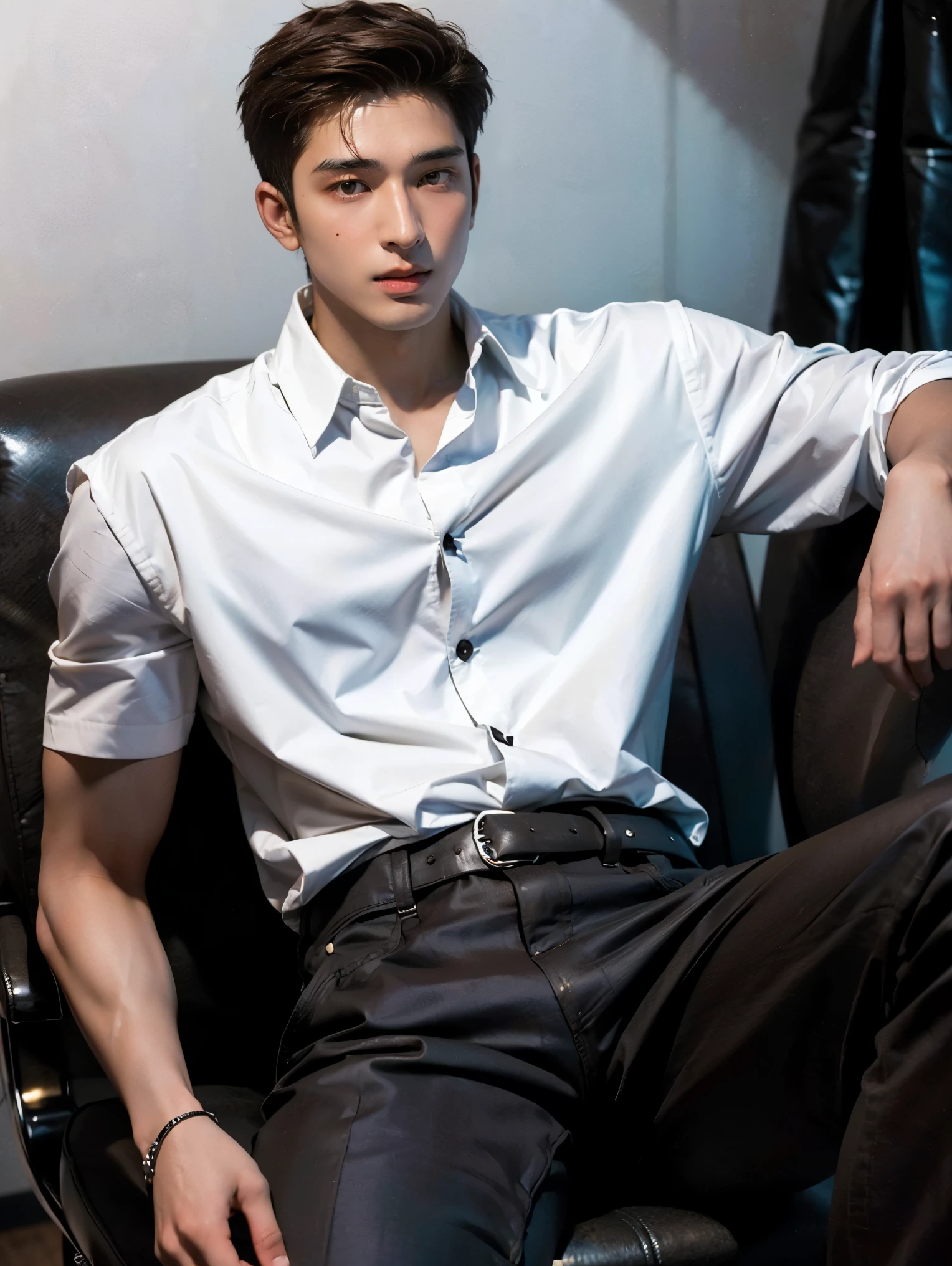 photography, masterpiece, best quality, 8k, highres, A Yung man，20 years old，Height 190cm,Tall model figure,(The most handsome man in the world)，(((brown hair))) , (20 years old asian man:2) ,(black eyes),  ((Korean man)), (((Asian Men))),handsome, with a sexy body, He poses handsomely，He is a Korean idol，((half body to knees shot))，(digital photography,realistic,Photorealistic,Photoreal) ,(bestquality), (top-quality), (high-level image quality), (macular man ),(dark skin:1.9),(macular man ),((alone)) ,(long pants),Korean Fashion,((complete clothes))，(((buttoned shirt))),(((buttoned shirt))),( long Pants)，short sleeve shirt,trousers, shirt ，oversized，belt, short hair， Special Design shirt ，Fashion shirt ,Black and White Dress , relaxed pose,trousers, handsomely sitting on chair ， trousers