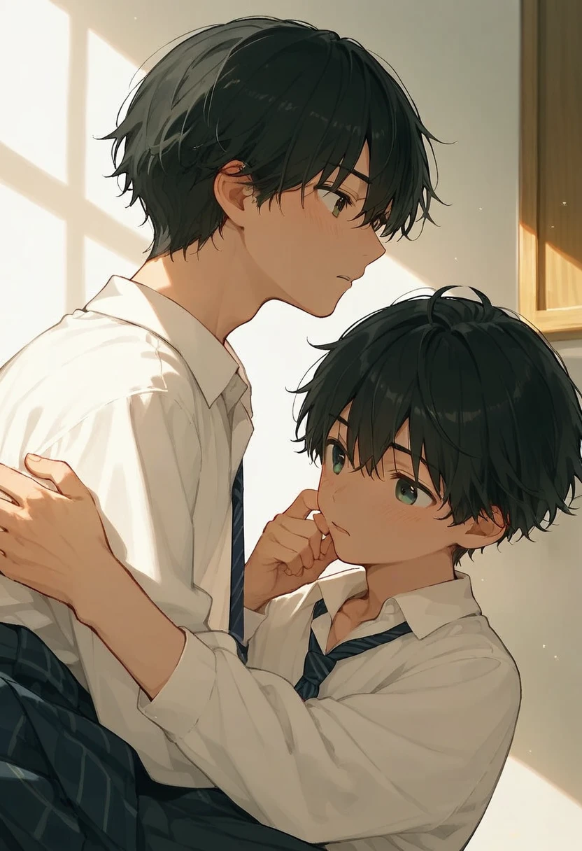  male、二人のmale、 teacher and high school student  、Student Uniform、slacks、 white shirt 、whole body、 Black Hair 、Summer sunlight、二人のmaleがキスをする、  long bangs 、 Black Hair 