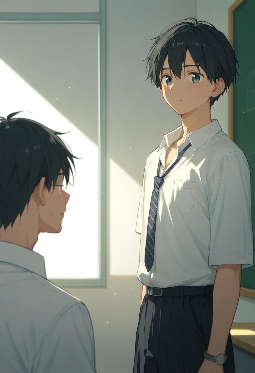  male、二人のmale、 teacher and high school student  、Student Uniform、slacks、 white shirt 、 stand wearing loose ties、whole body、 Black Hair 、Summer sunlight、二人のmaleがキスをする、  long bangs 、 Black Hair 