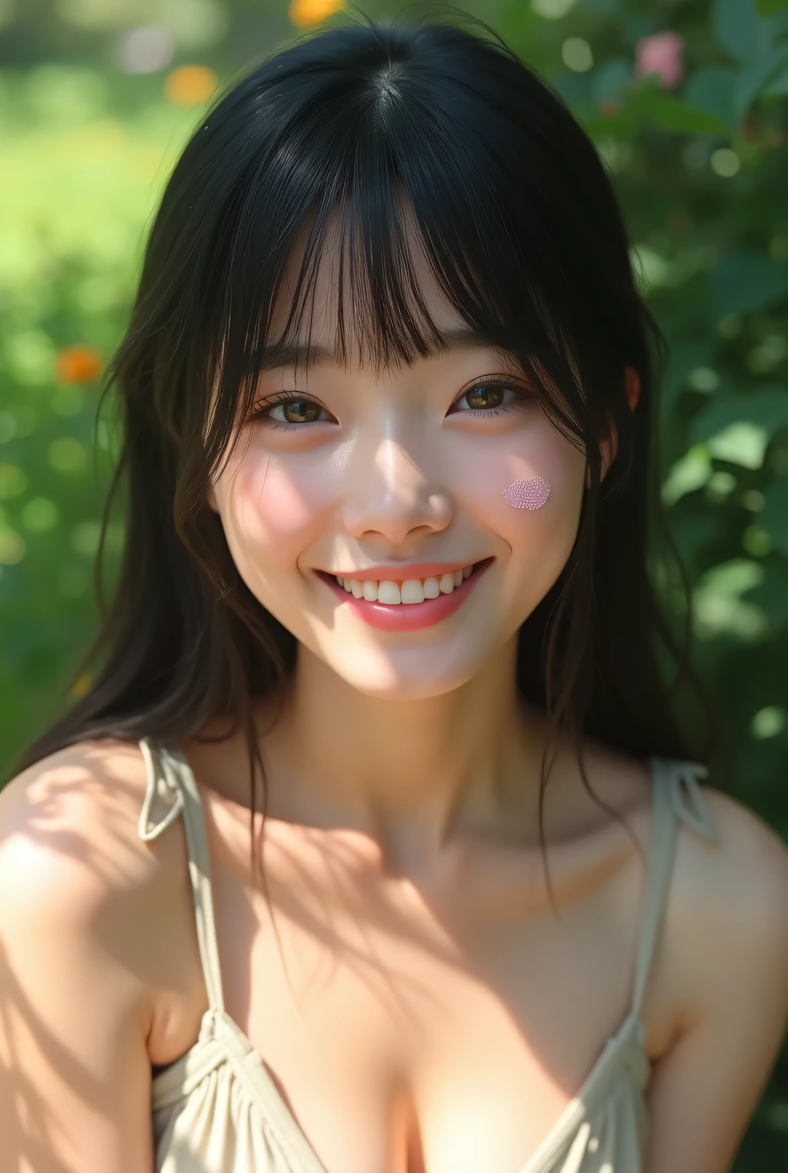 realistic  timeless beauty of a young female, smiling with light-green eyes and straight black hair blunt bangs, summer attire, outdoor garden, sunny day, natural lighting, visible shadows, she had a tiny pink band-aid