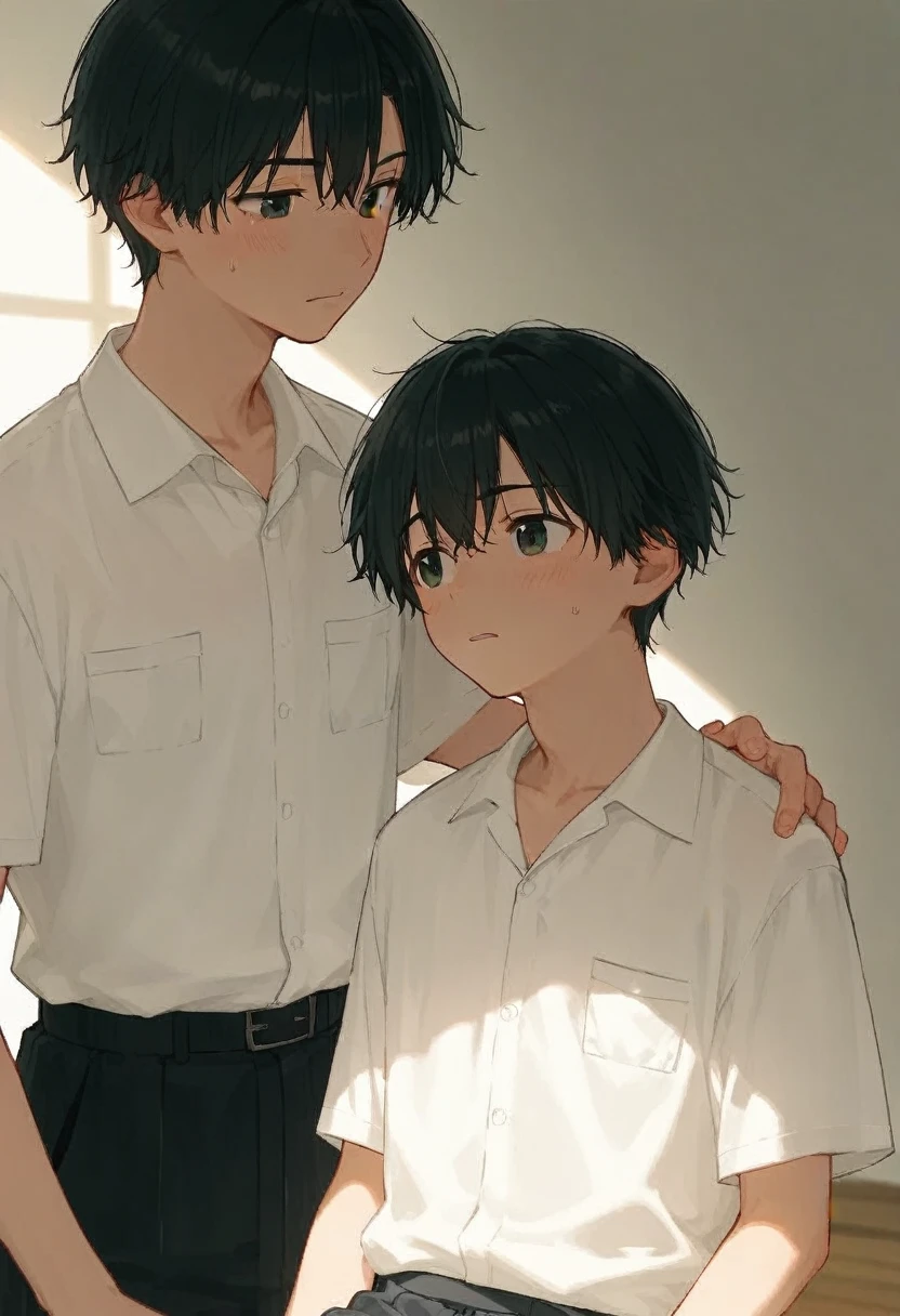  male、二人のmale、 高身長で短髪なmale性教師と高校生 、Student Uniform、slacks、 white shirt 、whole body、 Black Hair 、Summer sunlight、二人のmaleがキスをする、  long bangs 、 Black Hair 