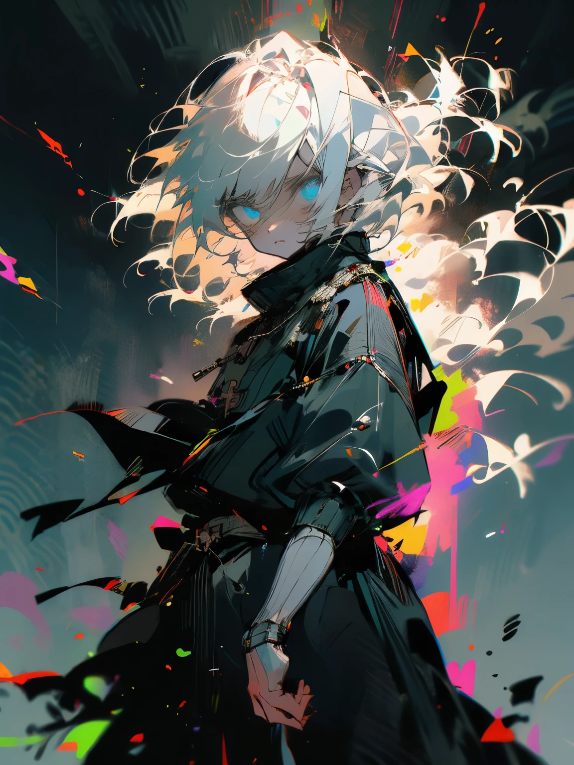 in front of a dark prison where a cold wind blows 、The old man's prison officer wearing a black coat、 he stands with a solemn expression 。 his gray hair is lightly illuminated by moonlight 、 his eyes harbor the coolness that comes from years of work 。彼の右手には重厚な鉄製のkeyが握られており、 his hands are moving slightly as if to confirm that cold feeling。key、たくさんのkey。 behind him 。woven 。grids。
