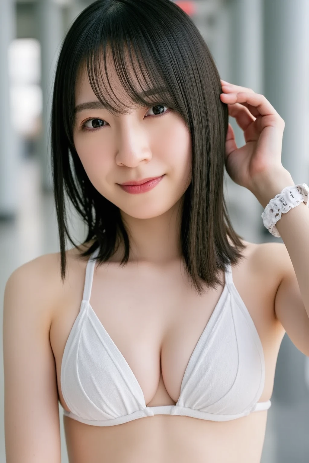 (She is posing with both hands firmly in the shape of a big heart and holding it in front of her chest with a smile:1.67), (masterpiece), (Best Quality), ( very detailed ), (One Girl), ( sexy bikinis:1.6),  in the center standing,  fashion model,  (Ultra Precise Human Body Structure   ,   best quality 、RAW Photos、8k、32K、masterpiece、Realistic、Realistic:1.37)、Cute Japanese women images、Photographed in natural light、 1 girl、Photo Mapping、   Physically Based Rendering   、Excellent image quality、  Kampala 、1080P、(Beautiful Face)、(Detailed description of the face)、((Detailed CG)、Rich details、(Detailed eyes)、 Delicate clavicle、 very realistic and detailed young woman 、  Beautiful skin、   soft light is reflected in the high part of the cheek、   small pores and hair follicles  、   even the smallest blood vessels are visible、The skin is smooth、natural flushing of cheeks 、Healthy glow、  The eyes are large and clear blue、  The iris has fine patterning、  with light reflecting and shining in the eyes 、  There is a slight shadow under the eye、  with long, naturally curly lashes 、 her lips are soft pink 、  smooth texture and natural shine 、   background is pale black and white gradation  、The focus is completely on the face 、Realistic shadows and textures、 photographic depiction 
