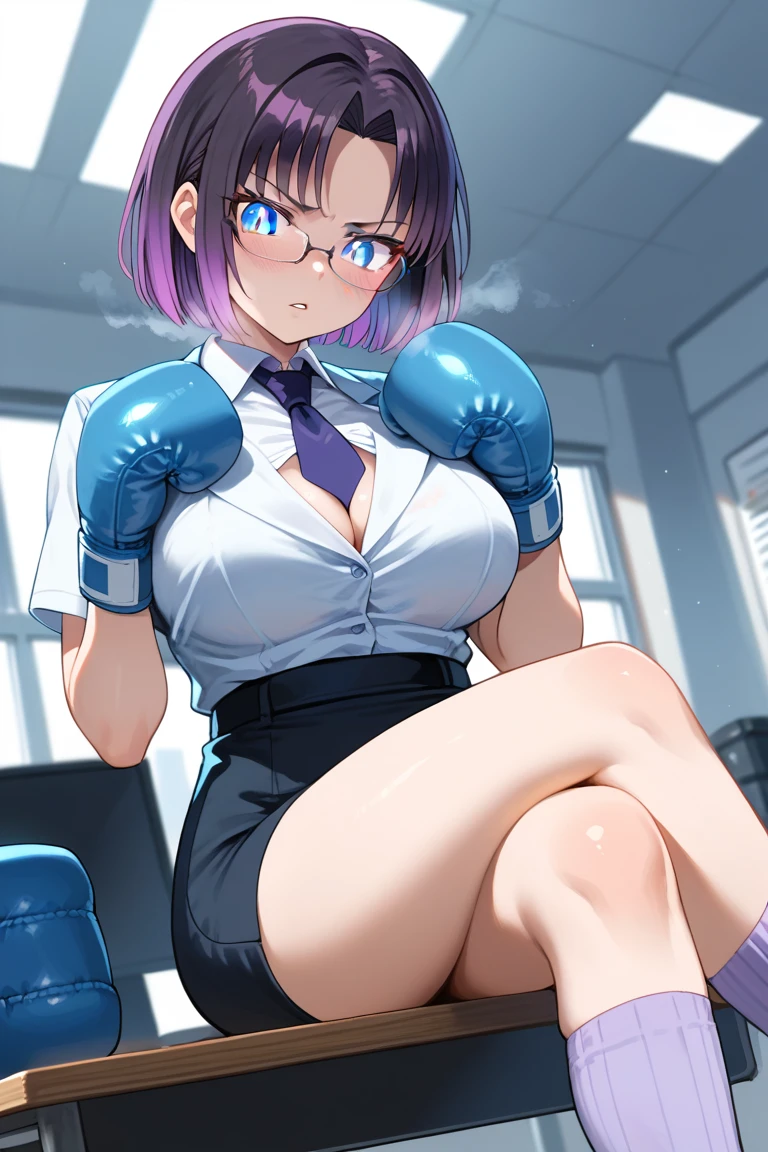 score_9, score_8_up, score_7_up, source_anime,
dragonilulu, cleavage, elma, black hair, blue eyes, gradient hair, multicolored hair, purple hair, short hair, slit pupils,
 large breasts, hands on own chest, boxing gym, steam, blush, (she is sitting on her office desk looking down at you:1.5), necktie, glasses, formal, suit, office lady,
looking at viewer, cowboy shot, dutch angle, solo, ((light purple boxing gloves)), blush, serious, parted lips,  cocked eyebrow, breathing hard, serious, sitting, crossed legs, ((glowing eyes)), light purple socks