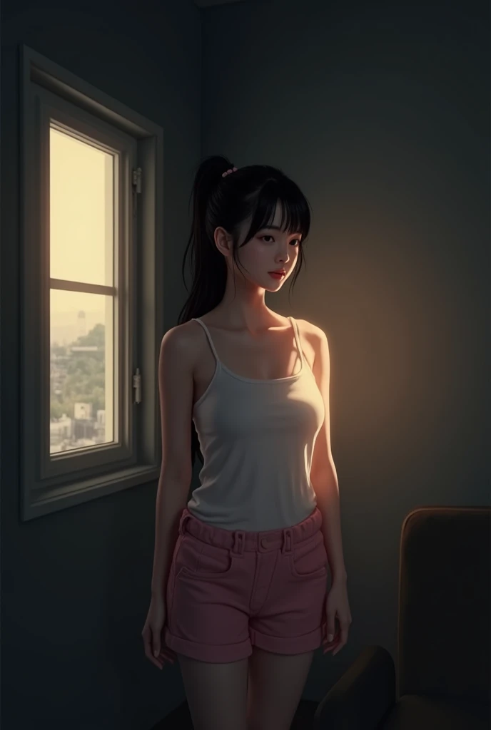 Is night, A Korean, 20 years old woman, parted lips, wearing pink shorts and a white tank top, is standing in front of a window. She has black hair, blunt bangs, long hair, ponytail, the room appears to be dark, the girl is lit up by the light coming through the window.