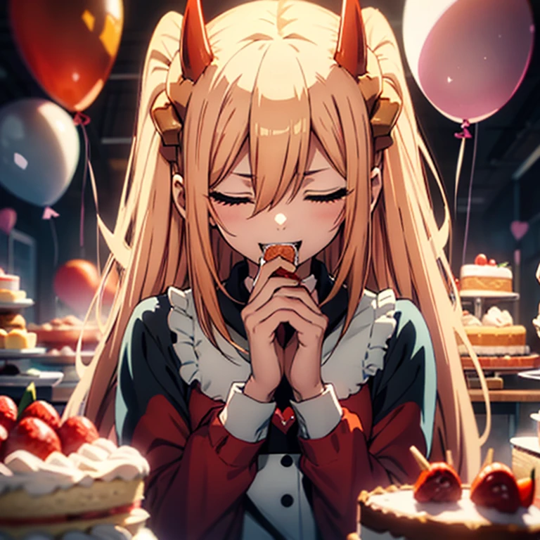  One Girl, Alone,  Orange Eyes 、Long Hair, blonde、 Red devil horns, Open your mouth , teeth, smile、 best quality ,   background,  surrounded by heart-shaped balloons、 illustration style,   upper body,   wide shot  ,    high definition model  ,  cake,holding, cake, slice,holding food,Close your eyes and eat , from front, 