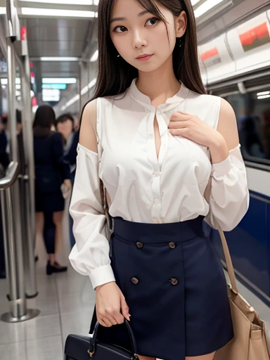 （（（on the train:2.0）））、look at the camera with a smile、Skirt Lift、（（（（Lift your skirt with your hands:2.0））））、（Panties:1.5）、woman, 20-year-old, Short black wavy hair、bangs、(Long skirt),  ((((The wind blew my skirt away, 私のPantiesを露出させてください...))))、(レースのPantiesー)、(Tilt your head a little)