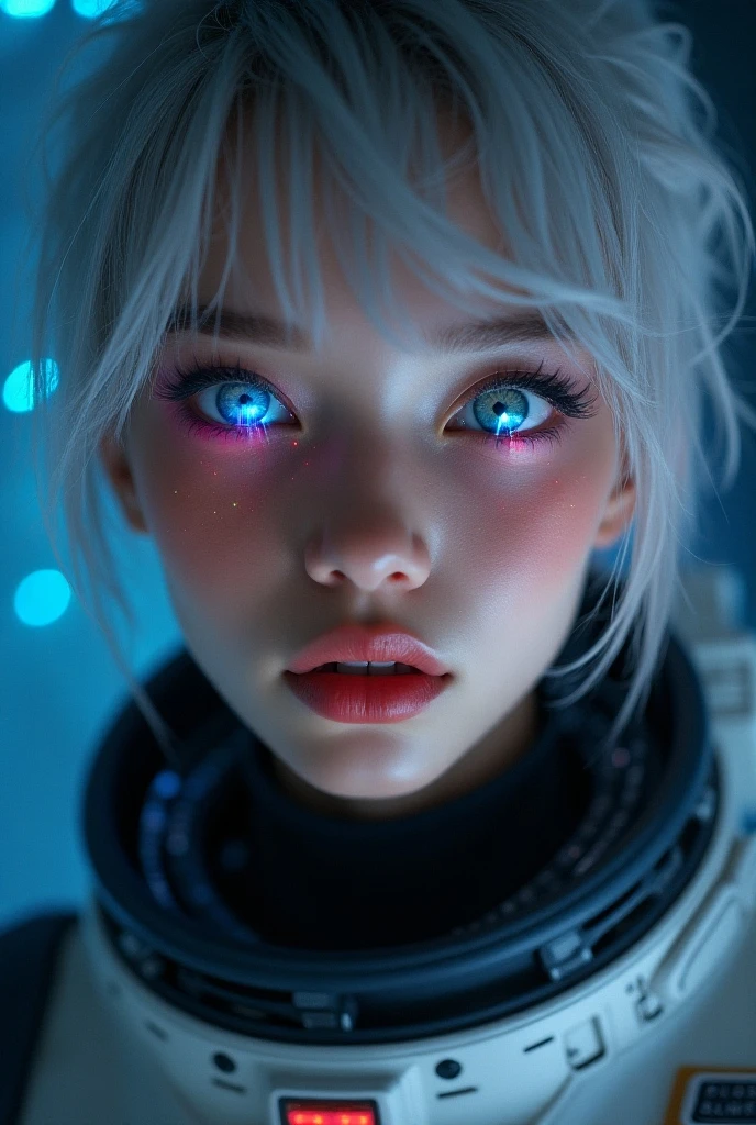 (Close-up of a better masterpiece :1.5)0.9], (Espace et astronautes :1.2) (Messy silver hair :1.1) (Xanthochromic heterochromia and blue eyes :1.2) (Casque spatial :1.0) (Étoiles colorées dans les yeux :1.0) (Un éclat rayonnant :1.1) (thick lips :0.9)