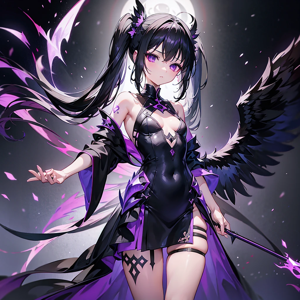 calf tattoo 1 .9、((Alone))1 with a black-purple burning bow.9(long side ponytail 1.8)((small breasts1.*****ung Body 1.2、Long black hair 1.5、Purple Eyes 1.5、1 wearing a frayed black wizard gothic dress with a slit.8、 big winged angel wizard girl metatron 1.3、