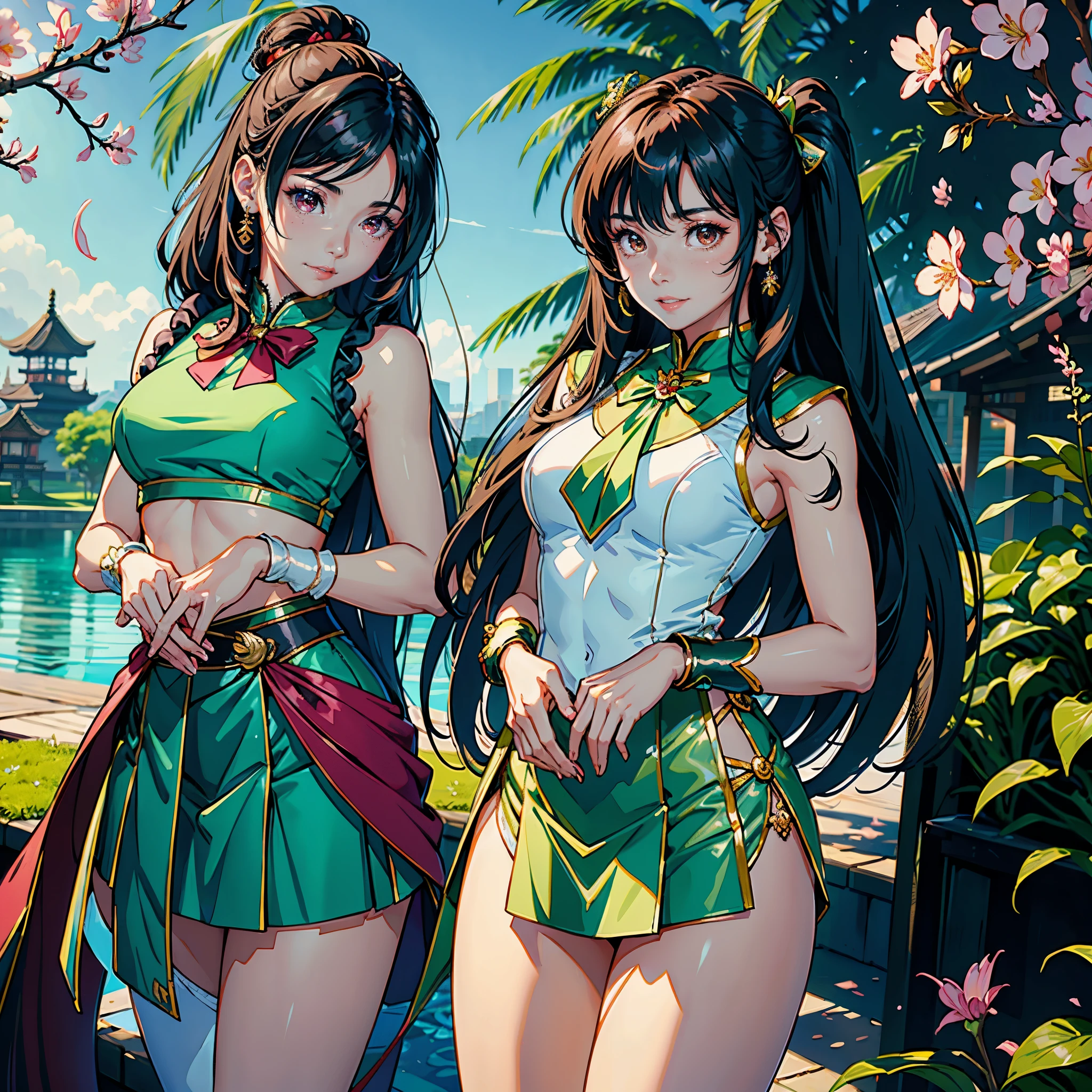 (highest quality, masterpiece, High resolution)、(anime art)、bright light、brown eyes、(sailor moon buns)、long hair、hair ornaments、Cute face details、enchanting smile、small breasts、whole body、((sakura tropical)) (best quality,4k,8k,highres,masterpiece:1.2),ultra-detailed,(realistic,photorealistic,photo-realistic:1.37),acrylic painting,beautiful Indonesian model wearing a vibrant green Chinese school uniform, beautiful Indonesian model in a green silk Chinese school uniform outfit with downy hair,beautiful Indonesian model's green silk school uniform adorned with cute bows and chains, beautiful Indonesian model with extremely colorful hair and detailed facial features,beautiful Indonesian model standing in a beautiful garden, beautiful Indonesian model with intricate accessories,beautiful Indonesian model posing gracefully,beautiful Indonesian model with long flowing long hair,beautiful bright brown eyes and rosy lips,beautiful Indonesian model with a joyful expression,beautiful Indonesian model in a dynamic pose with sakura blossoms falling around her,beautiful Indonesian model surrounded by colorful flowers and butterflies, thigh high tights,beautiful Indonesian model with an enchanting smile,beautiful Indonesian model with soft, pastel-colored shading, beautiful Indonesian model with a fairytale-like background,sailor moon hair, two hair buns hair,