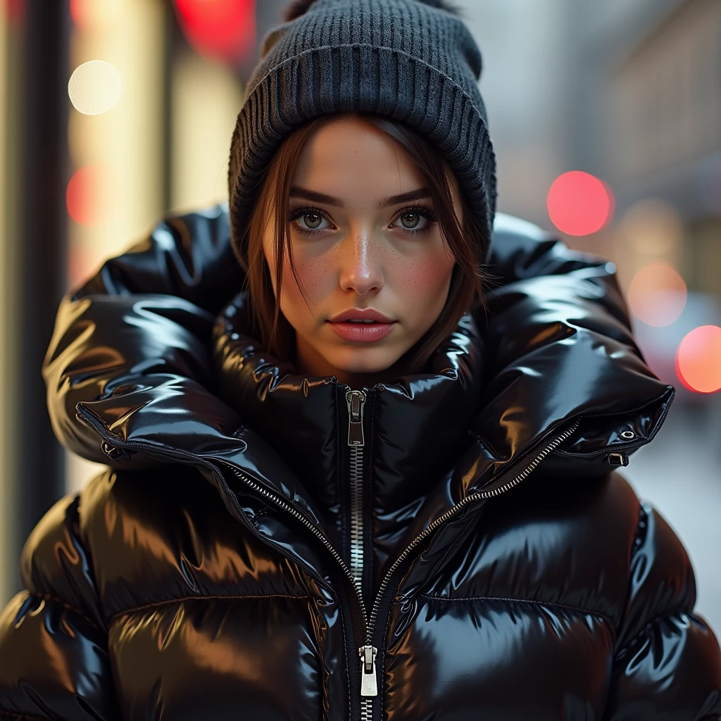  a slim ponytail  girl,beautiful detailed eyes,beautiful freckles,beautiful detailed lips,extremely detailed eyes and face,longeyelashes,in beautiful detailed hooded  formfitting duvetica overfilled shiny hyper gleamy hyper thick glossy unsealed puffer jacket covering her sealed hyper padded puffer vest,latex glossy stirrup legging, puffy boots,symmetrical,walking in pufferstore,masterpiece,cinematic,lifelike,hyperrealistic,8k,photorealistic,highly detailed,intricate,exquisite,elegant,beautiful,stunning