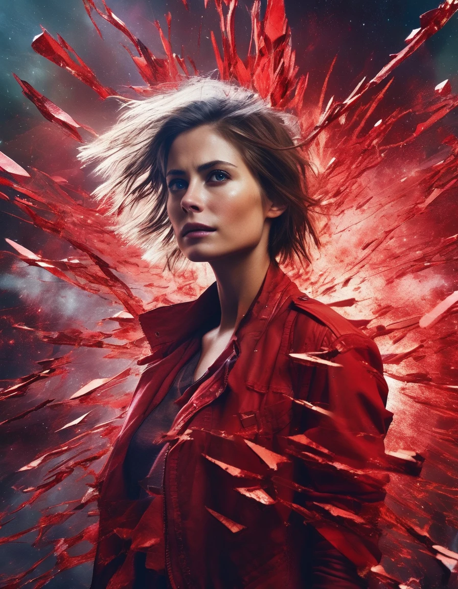 wllhllndthq woman,  glass shards, explosions,  space fragmentation, rmessy hair, serious, glowing hand, surreal, upper body, dynamic pose, Travel through time and space, red theme, ultra highres, sharpness texture, High detail RAW Photo, detailed face,