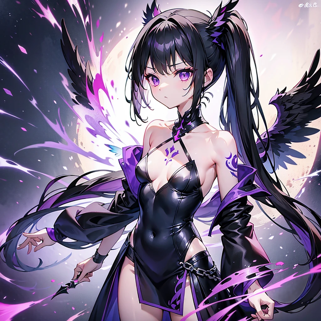 calf tattoo 1 .9、((Alone))1 .9(long side ponytail 1.8)((small breasts1.8))Young Body 1.2、Long black hair 1.5、Purple Eyes 1.5、1 wearing a frayed black wizard slit dress.8、 big winged angel wizard girl metatron 1.3、