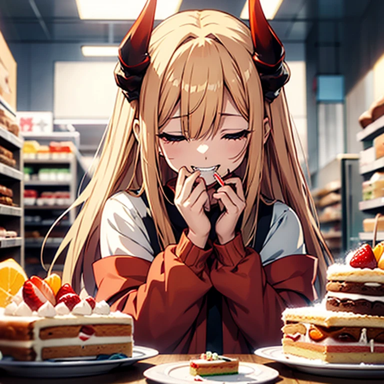  One Girl, Alone,  Orange Eyes 、Long Hair, blonde、 Red devil horns, Open your mouth , teeth, smile、 best quality ,   background,  バースデー用に飾りつけのされた壁、illustration style,   upper body,   wide shot  ,    high definition model  ,  cake,holding, cake, slice,holding food,Close her eyes and eat , from front, Snuggly wear,