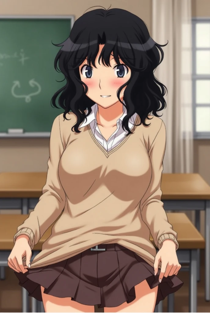 Kaoru Tanamachi(1:2),  super detailed face,  pay attention to the details with the hem of the clothes,  anatomically correct body ( beige knitwear style uniform:1.3), (Dark Brown Skirt:1.1), Provoke by showing your stomach(1:2), Lift the hem of the uniform (1:2), classroom, NSFW