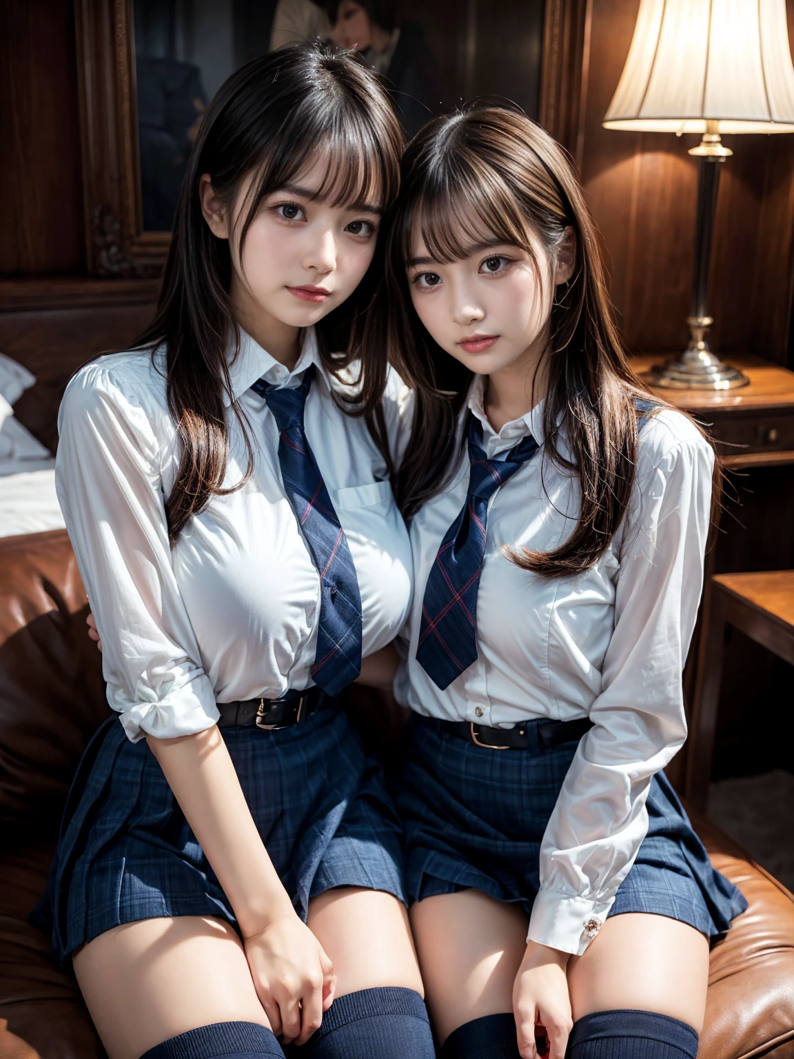 (Half),(Underwear visible),（8K、RAW photography、Top quality、masterpiece：1.2),charm,Fair skin,Watch the audience,Looking ahead,student,1 girl、Young and beautiful、18 years old、White skin,knee,((Black pantyhose)),Long hair、Black Hair、Ponytail、（extremely huge breast:4.0）、show forehead、masterpiece,Top quality、Ultra-high resolution、RAW,JK ,Standing,（Photorealistic：1.37）、Practical、Cute little face,Black socks、(Pink bow tie)、Physically Based Rendering、Depth of Field、Blurred background、photo,Body,, Long legs, Thin legs,,(White short-sleeved shirt), (Pink pleated skirt), knee可见,Transparent clothing,