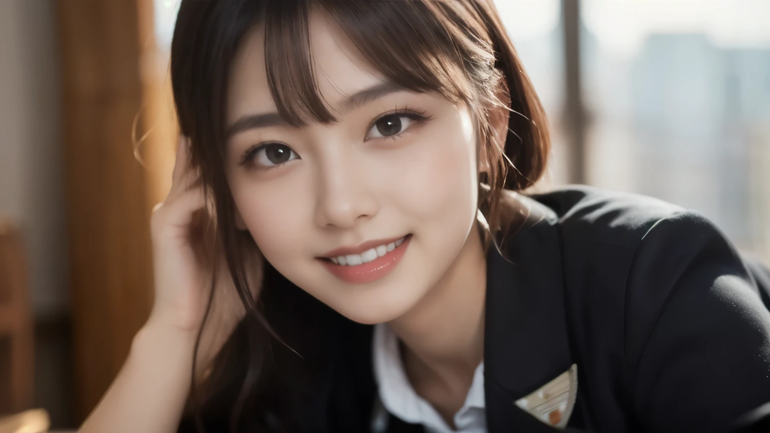 8k、 best quality 、Ultra Wide Angle Monofocal Lens  、(Representative Works:1.2)、(Genuine)、(Genuine:1.37)、Ultra-fine、One young woman、Beautiful teeth alignment、smile、Well-formed fingers、  ponytail、Around town、(Cute Uniform)、Big Breasts、  perfect body 、 Perfect fingers、Beautiful Skin、 professional lighting at a photo session、Face and skin detail 、Microparticles、RAW photo