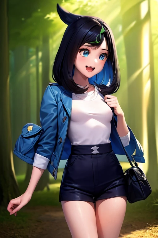 (Masterpiece, Ultra-high resolution, 8k, High Quality, Top quality, High-Detailed, Detailed CG, Cinematic Shadow:0.5, Beautiful Detailed Eyes, Ultra Resolution, Depth of Field, High Resolution, Masterpiece: 1.2), (Anime Art style), (cowboy shot), (forest), 1girl, solo, pokemonliko, long hair, bangs, blue eyes, shirt, black hair, hair ornament, holding, jacket, blue jacket, white shirt, :d, open clothes, shoes, shorts, socks, hairclip, bag, open jacket, kneehighs, eyelashes, black shorts, (basic), small breasts, beautiful breasts, smile, walking,