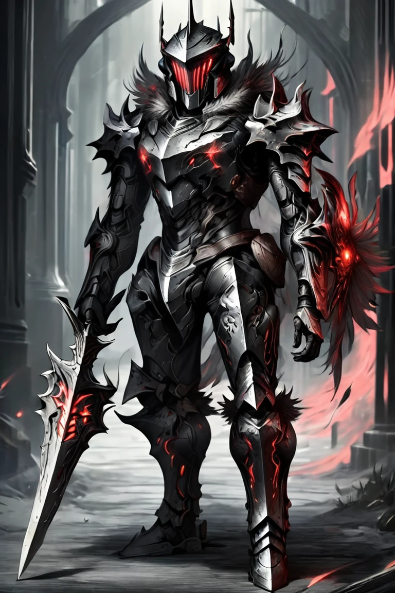  Armor Figure Holding a Sword Closeup ,  Light Black Armor ,  and smooth lacquered black metal armor ,  wearing smooth black armor , 狂战士骷髅骑士黑甲, Full body plate , Shiny Plate Armor ,  Knight in Plate Armor ,  Black Plated Armor ,  Dark Souls Armor Concept ,  scary full body heavy armor, Covered with full metal armor, Knight in armor, Wearing armor,  Red Glowing Eyes ,Fur collar, feather,Black cape , 
