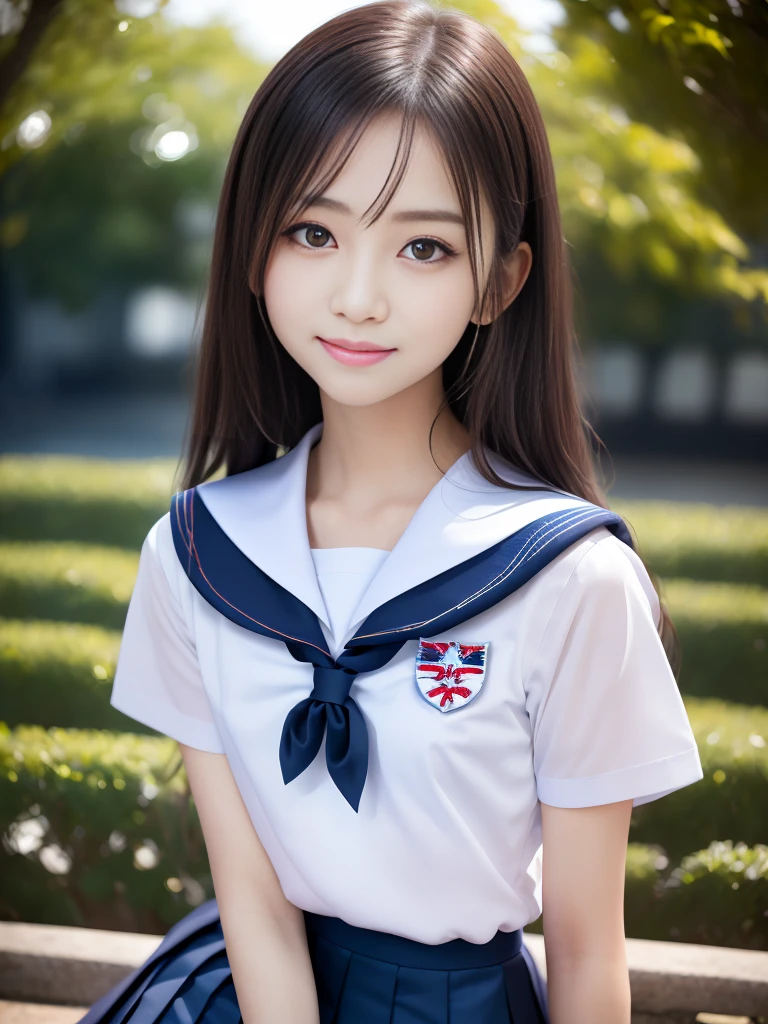 masterpiece, highest quality, 8K, , japanese girl, Raw photo, confused, award winning portrait, smile, smile, alone, , (white shirt, sailor , Navy blue pleated skirt:1.2), idol face, viola lace, gardenia, delicate girl, long black hair, black eye, Upper body, Digital single-lens reflex camera, looking at the viewer, Frank, Sophisticated, like々new, thin arms, professional lighting, film grain, chromatic aberration, (Eye and face details: 1.0), (Bokeh button:1.1)