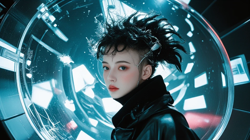 Escape to the Future,cyber punk,Female punk singer, lofi ,Run,,Harry Clarke style,(Ashley Wood Style:1.4), (Double exposure:1.4),Thrilling footage released,cyber punk ヴェイパーウェイヴ,Holographic Projection,(Pause，Dynamic Action:1.8)