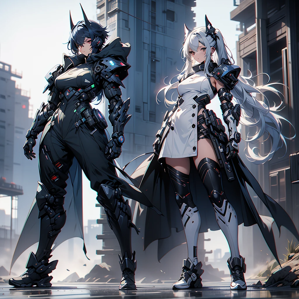 (masterpiece,   best quality ), ( perfect athletic body :1.2), (Detailed Hair), super detailed,   anime style , Full Body,   cyberpunk ninja gunner girl, Wearing techwear, blue accessories ,  Equipped with a giant tech gun  ,  Black and white hair , stew, Mechanical Arm Guard, Put on your tech boots, 8k high resolution,   trendy art station  ,    white background ,  Standing in the wilderness , whole body,