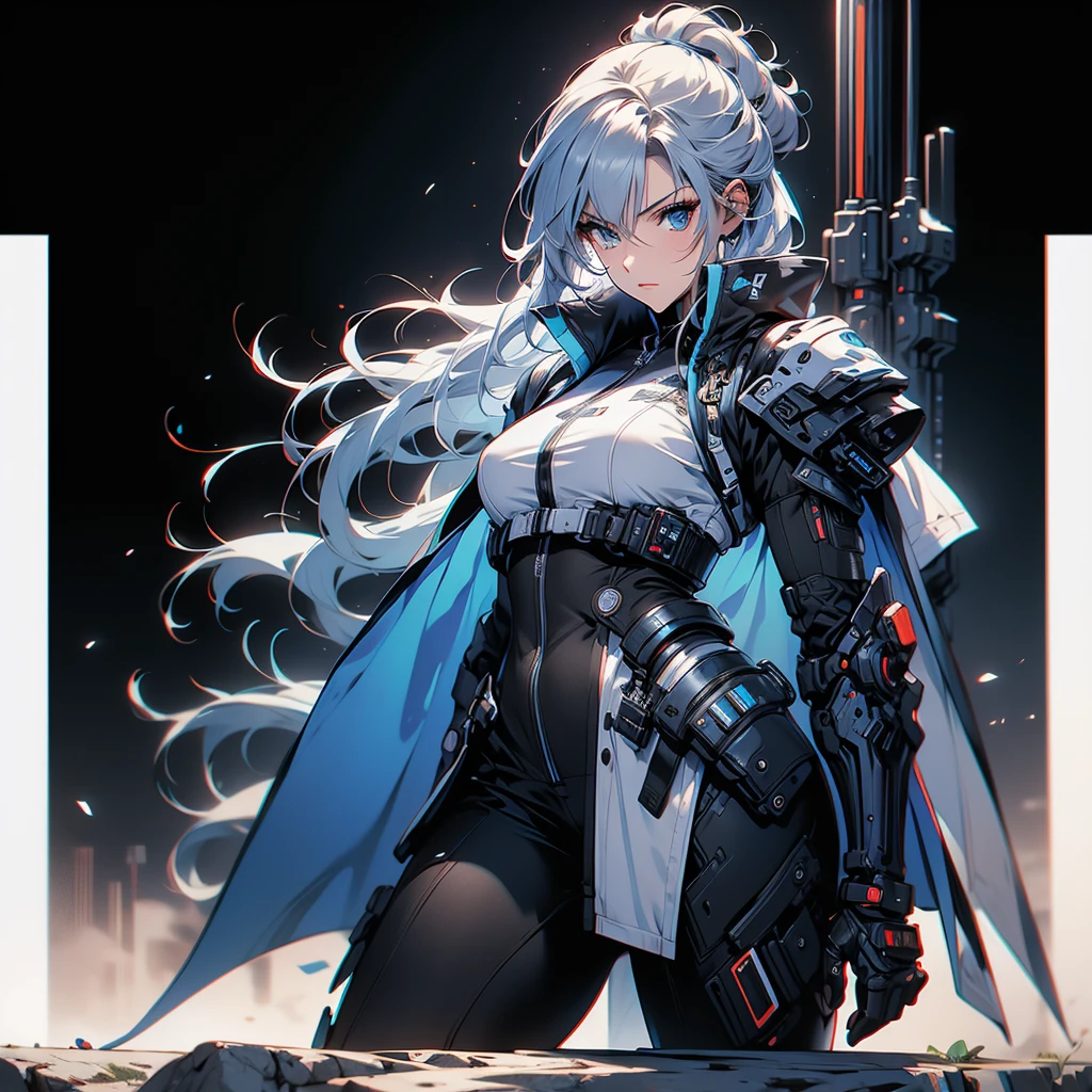 (masterpiece,   best quality ), ( perfect athletic body :1.2), (Detailed Hair), super detailed,   anime style , Full Body,   cyberpunk ninja gunner girl, Wearing techwear, blue accessories ,  Equipped with a giant tech gun  ,  Black and white hair , stew, Mechanical Arm Guard, Put on your tech boots, 8k high resolution,   trendy art station  ,    white background ,  Standing in the wilderness , whole body,