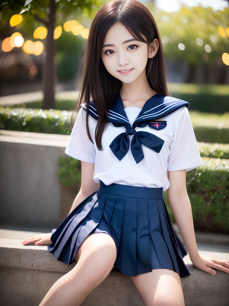 masterpiece, highest quality, 8K, , japanese girl, Raw photo, confused, award winning portrait, smile, smile, alone, , (white shirt, sailor , Navy blue pleated skirt:1.2), idol face, viola lace, gardenia, delicate girl, long black hair, black eye, Upper body, Digital single-lens reflex camera, looking at the viewer, Frank, Sophisticated, like々new, thin arms, professional lighting, film grain, chromatic aberration, (Eye and face details: 1.0), (Bokeh button:1.1)