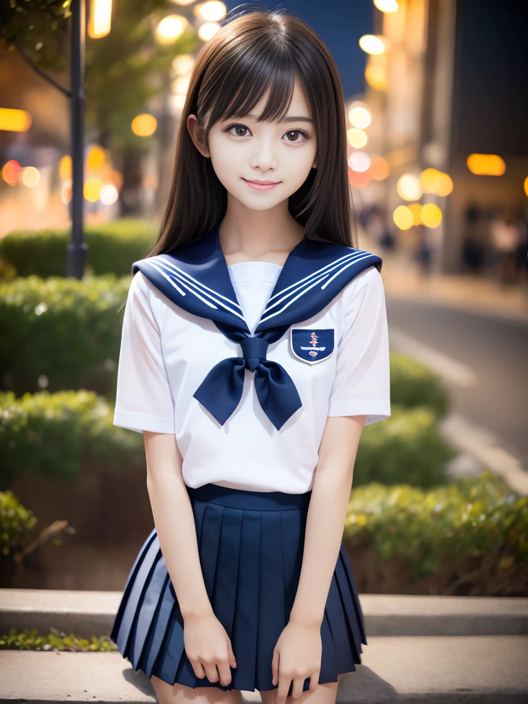 masterpiece, highest quality, 8K, , japanese girl, Raw photo, confused, award winning portrait, smile, smile, alone, , (white shirt, sailor , Navy blue pleated skirt:1.2), idol face, viola lace, gardenia, delicate girl, long black hair, black eye, Upper body, Digital single-lens reflex camera, looking at the viewer, Frank, Sophisticated, like々new, thin arms, professional lighting, film grain, chromatic aberration, (Eye and face details: 1.0), (Bokeh button:1.1)