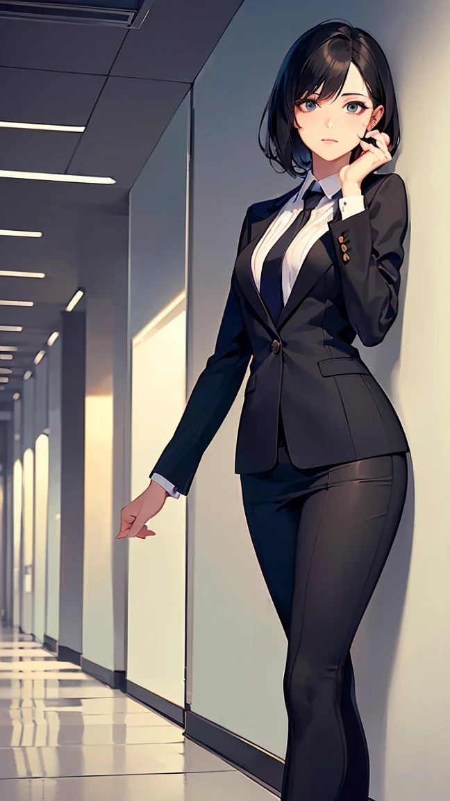 (((Best quality, 8k, Masterpiece: 1.3)), ((best quality)), ((masterpiece)), (detailed), perfect face, A young woman in her twenties with short, sleek black hair stands confidently in a bustling Wall Street office. She is dressed in a sharp, tailored Brioni suit—a dark, sophisticated color—and a neatly knotted tie. Her expression is focused and professional, reflecting her role as a securities analyst. Behind her, tall windows reveal the iconic skyline of New York City, with busy financial activity all around. Her posture is assertive, and her hands hold a tablet, symbolizing her analytical work. The scene is modern, high-paced, and captures the intensity of the financial world.