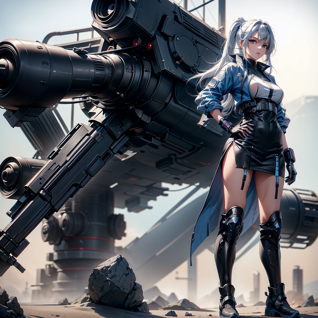 (masterpiece,   best quality ), ( perfect athletic body :1.2), (Detailed Hair), super detailed,   anime style , Full Body,   cyberpunk ninja gunner girl, Wearing techwear, blue accessories ,  Equipped with a giant tech gun  ,  Black and white hair , stew, Mechanical Arm Guard, Put on your tech boots, 8k high resolution,   trendy art station  ,    white background ,  Standing in the wilderness , whole body,