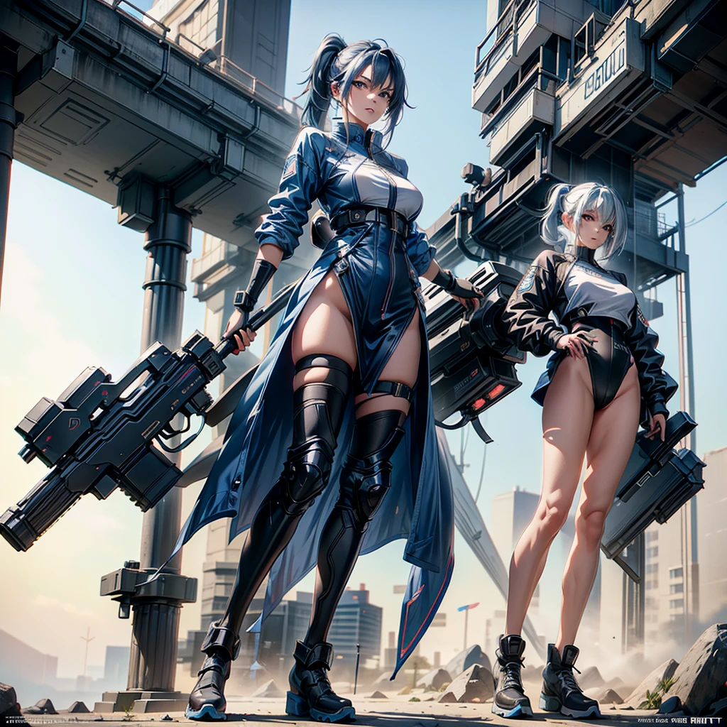 (masterpiece,   best quality ), ( perfect athletic body :1.2), (Detailed Hair), super detailed,   anime style , Full Body,   cyberpunk ninja gunner girl, Wearing techwear, blue accessories ,  Equipped with a giant tech gun  ,  Black and white hair , stew, Mechanical Arm Guard, Put on your tech boots, 8k high resolution,   trendy art station  ,    white background ,  Standing in the wilderness , whole body,