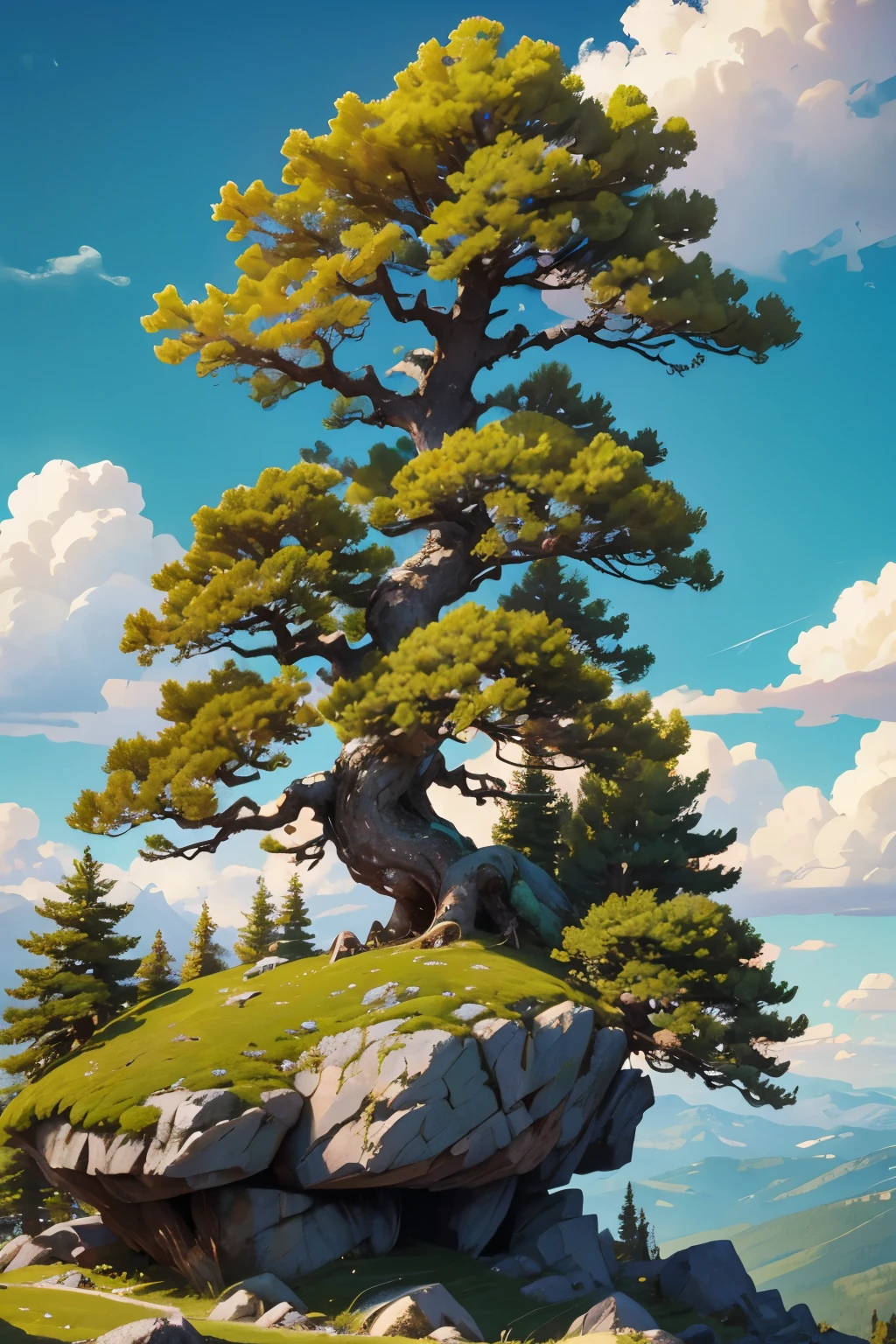 top of a rocky mountain with big beautiful trees. Beautiful clouds in a green environment
