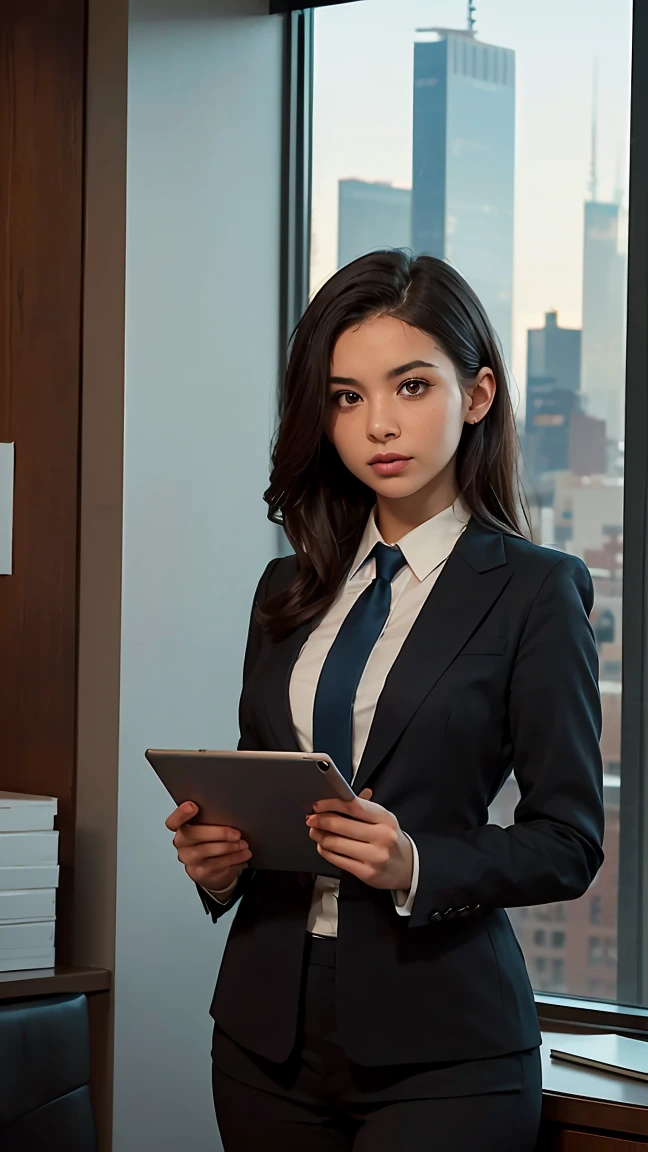 (((Best quality, 8k, Masterpiece: 1.3)), ((best quality)), ((masterpiece)), (detailed), perfect face, A young woman in her twenties with short, sleek black hair stands confidently in a bustling Wall Street office. She is dressed in a sharp, tailored Brioni suit—a dark, sophisticated color—and a neatly knotted tie. Her expression is focused and professional, reflecting her role as a securities analyst. Behind her, tall windows reveal the iconic skyline of New York City, with busy financial activity all around. Her posture is assertive, and her hands hold a tablet, symbolizing her analytical work. The scene is modern, high-paced, and captures the intensity of the financial world.